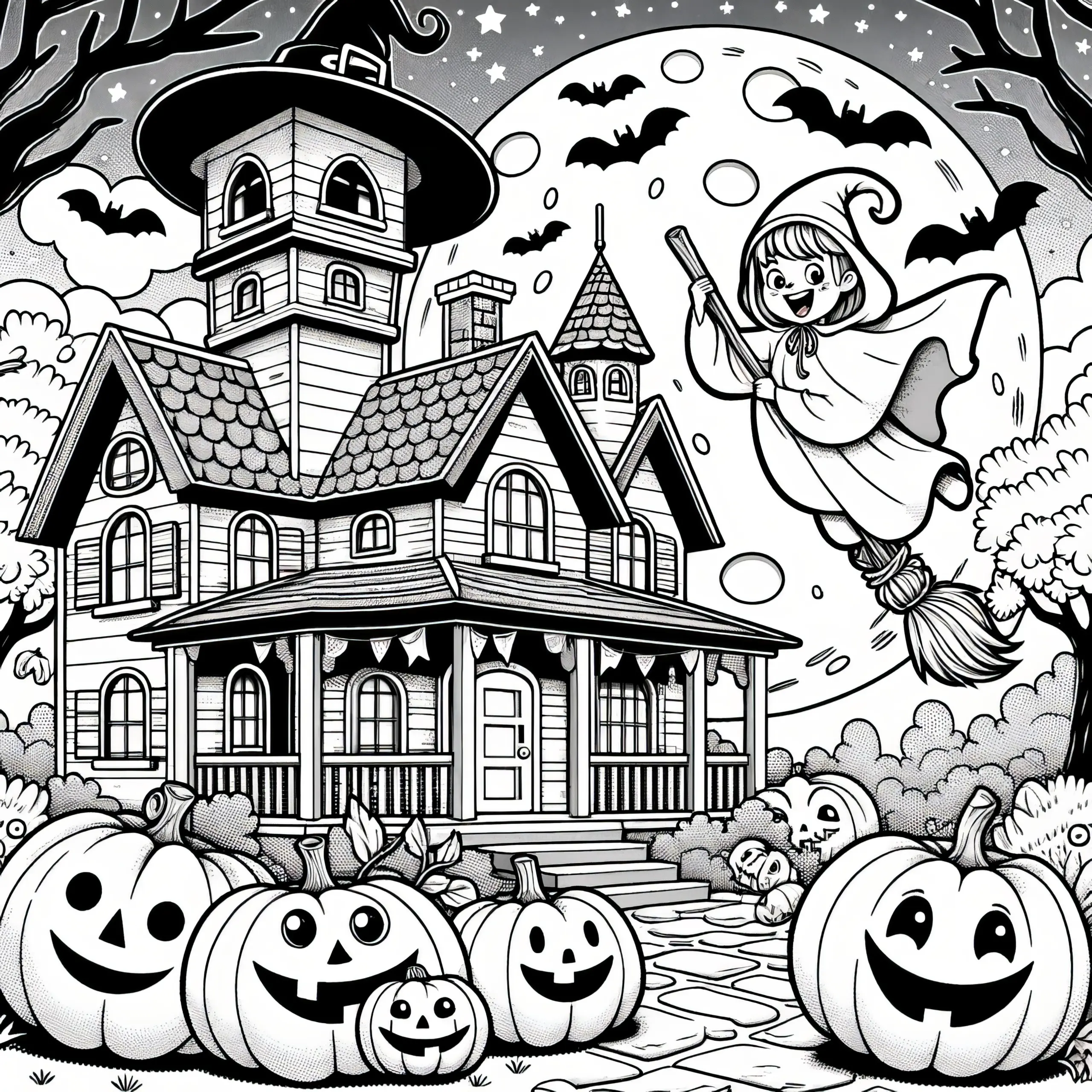 Geisterhaus, Hexe, Mond und Kürbisse: Halloween Bild zum Ausmalen (Gratis) (Ausmalbild)