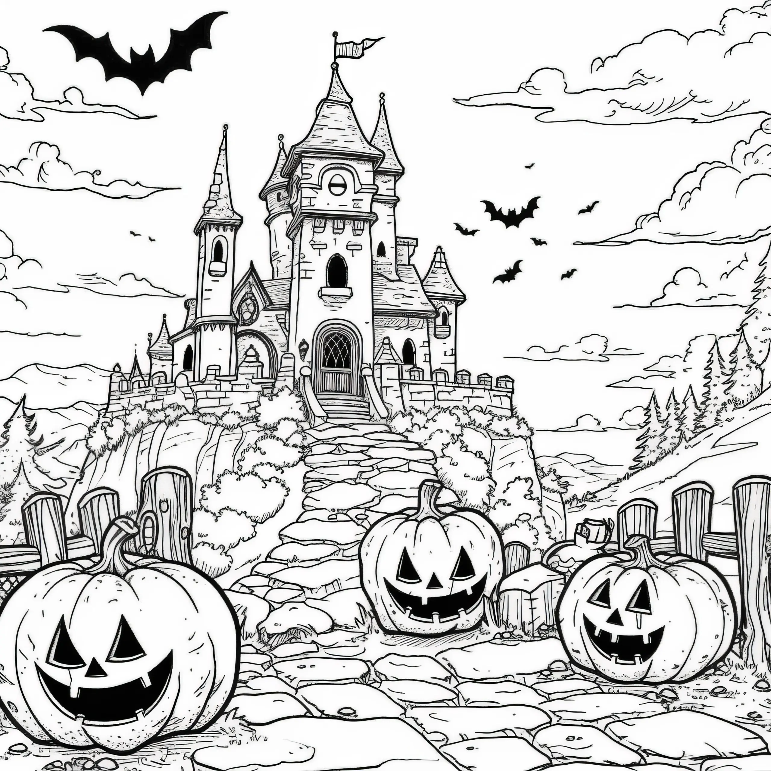 Geisterschloss mit Kürbissen: Halloween Ausmalbild (Gratis)