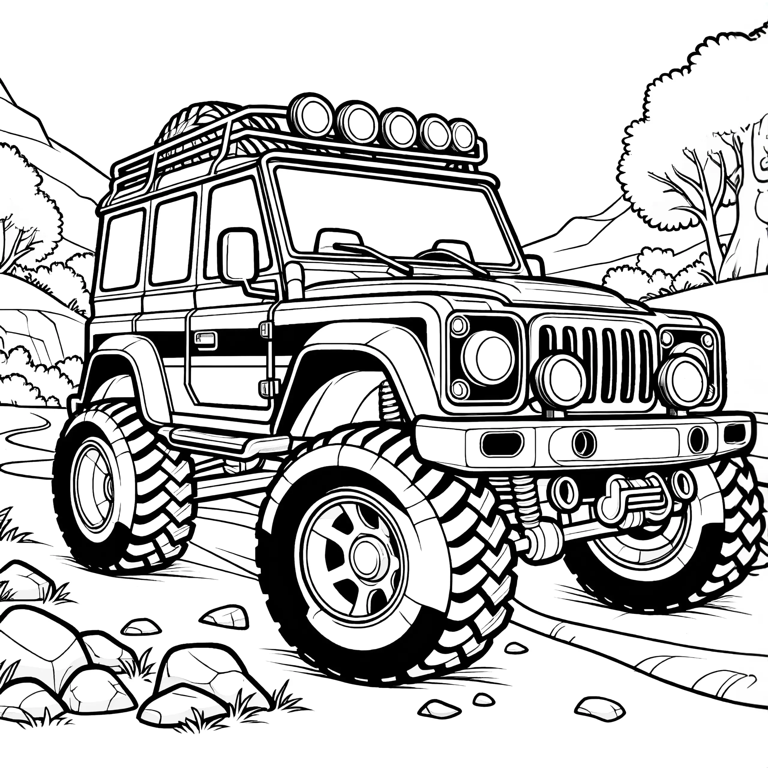 Geländewagen vor Berglandschaft: Malvorlage zum Herunterladen (Kostenlos) (Ausmalbild)
