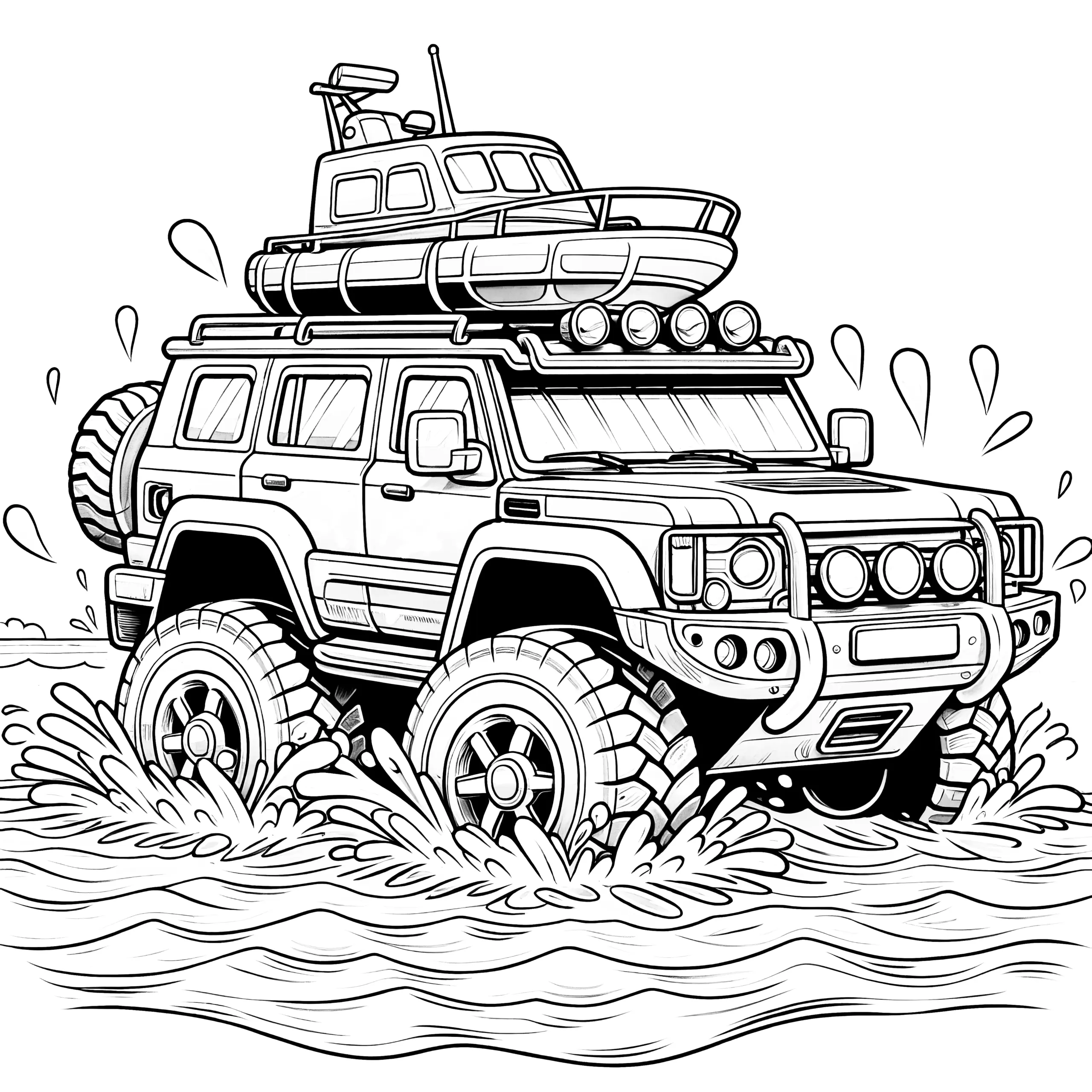 Geländewagen mit Boot auf Dach: Kostenloses Ausmalbild (Gratis)