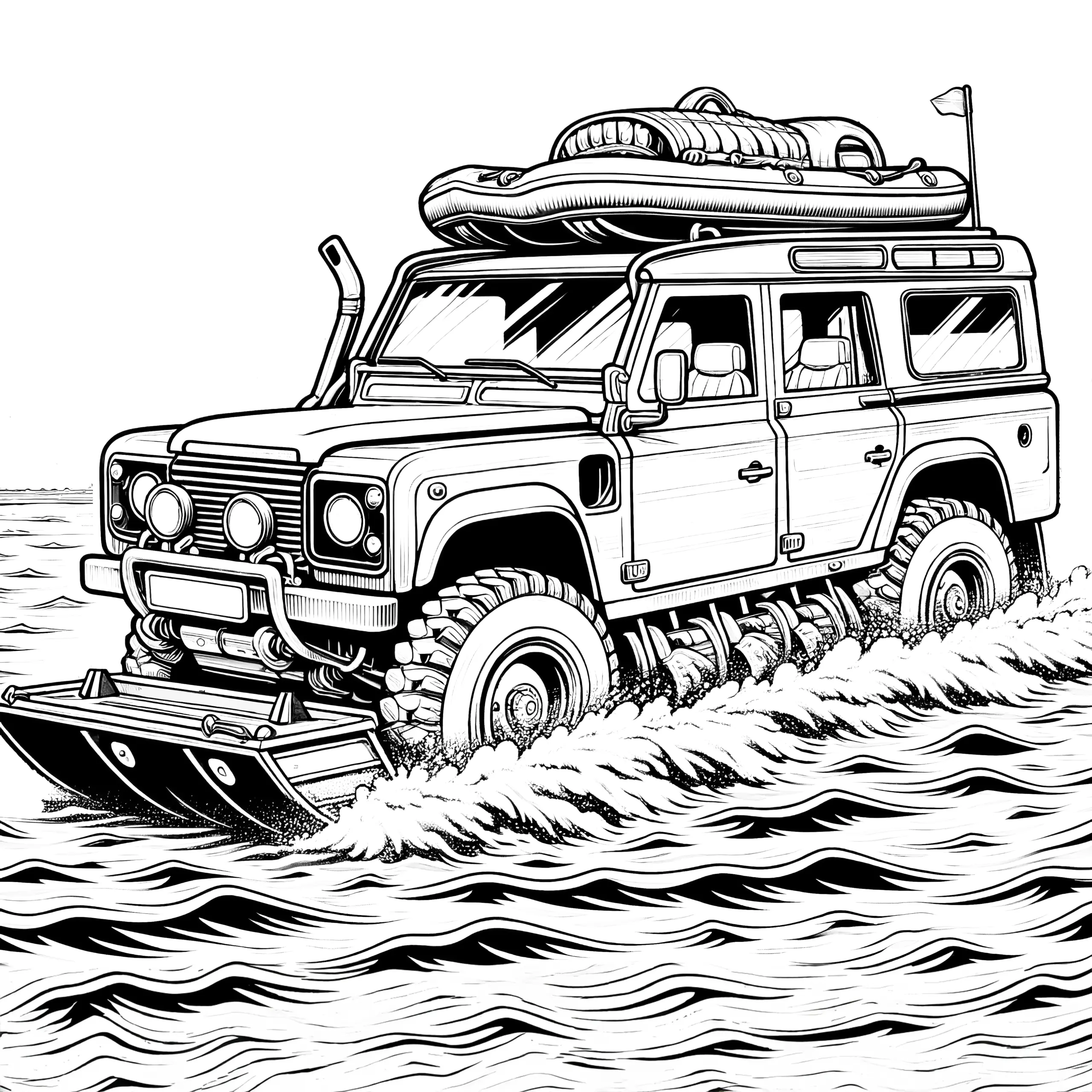 Geländewagen fährt durch Wasser: Malvorlage zum Download (Gratis) (Ausmalbild)