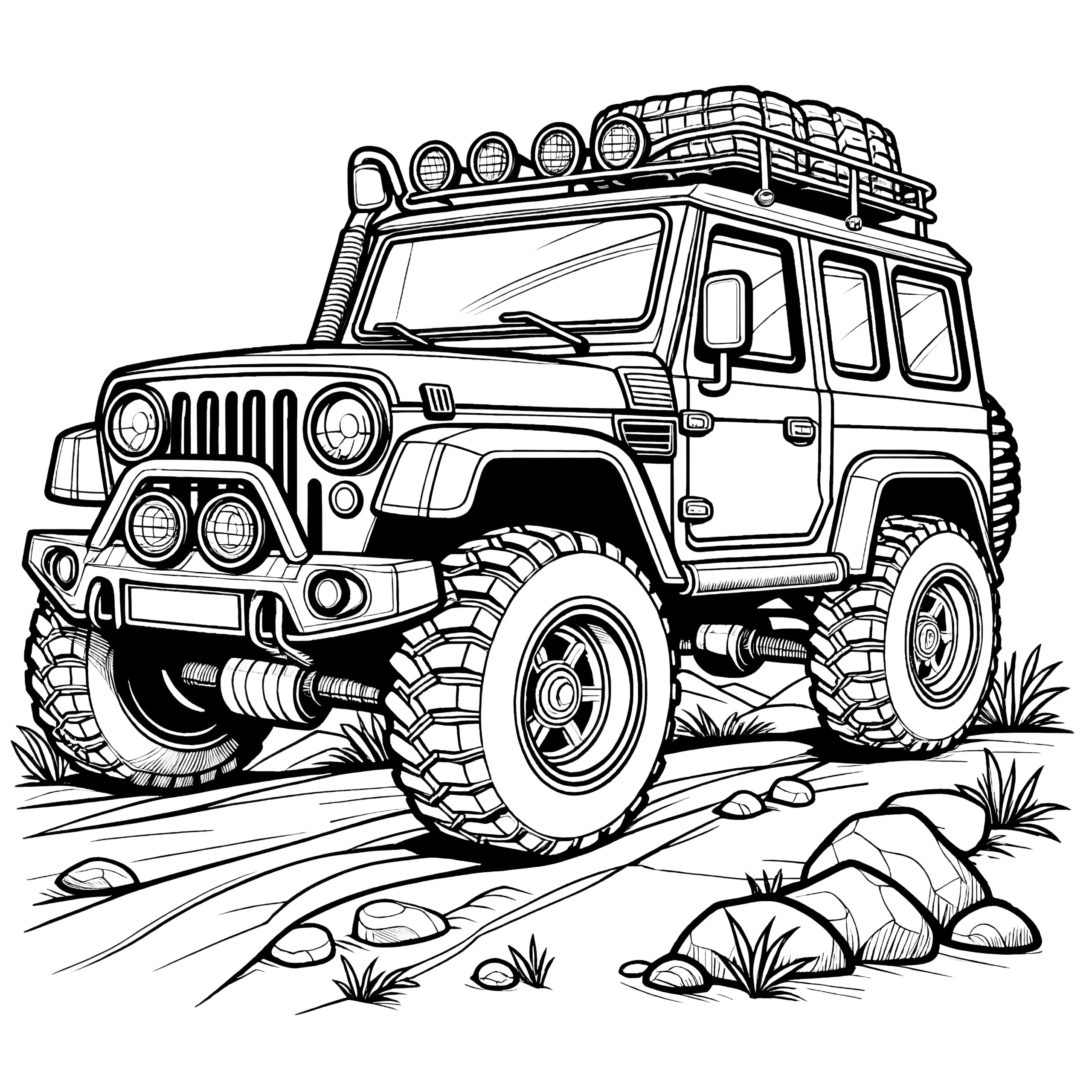 Geländewagen auf steiniger Piste: Ausmalbild zum Herunterladen (Gratis)