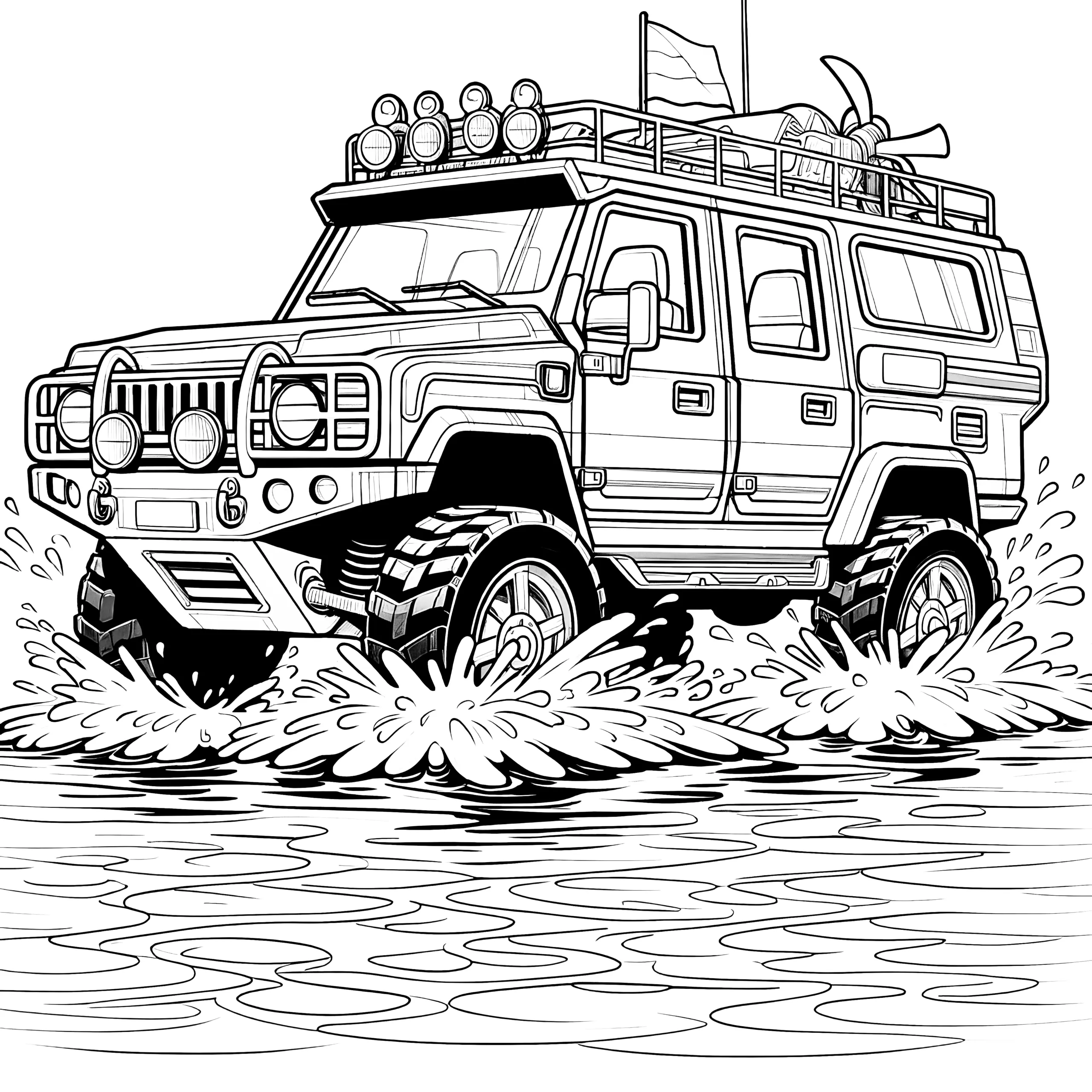Geländewagen im Wasser: Malvorlage kostenlos zum Download (Ausmalbild)