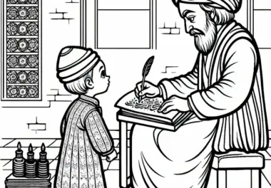 Gelehrter beim Schreiben mit Tinte – Ausmalbild islamische Kultur kostenlos