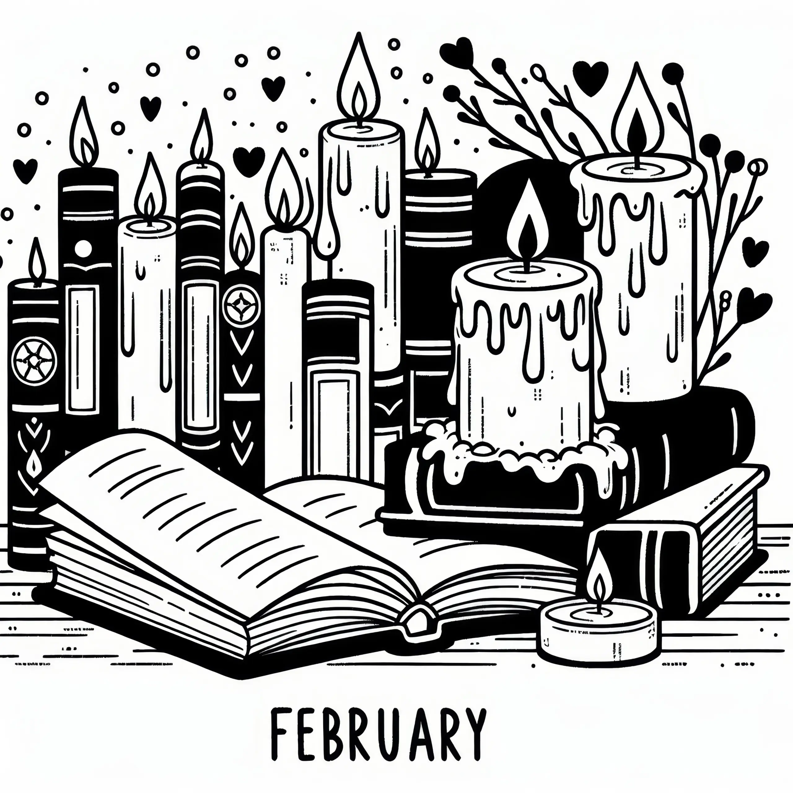 Gemütlicher Abend im Februar mit Büchern und Kerzen: Ausmalbild zum Download (Kostenlos)