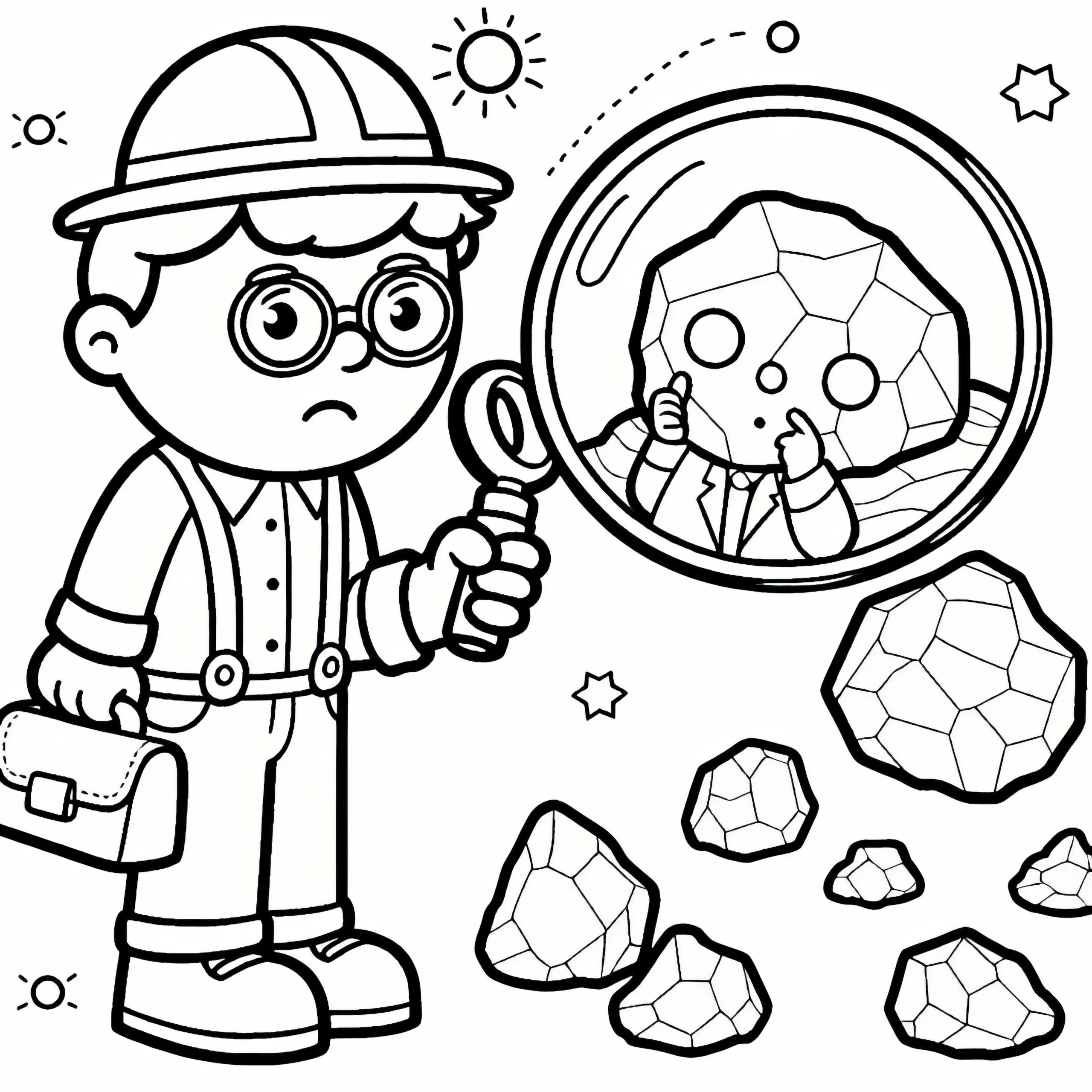 Geologe untersucht Steine mit Lupe – Malvorlage einfach kostenlos (Ausmalbild)