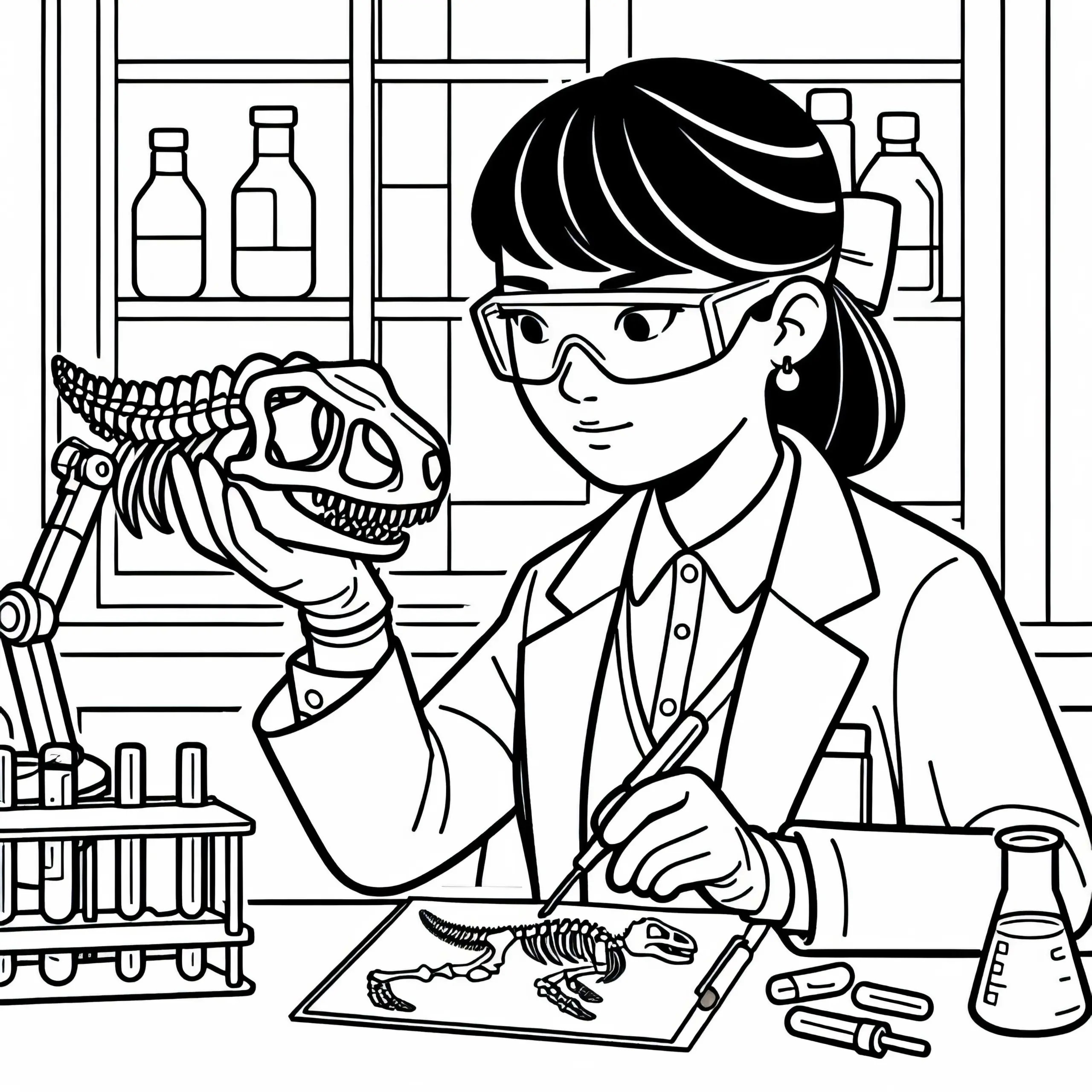 Geologin analysiert Fossil im Labor – Ausmalbild kostenlos