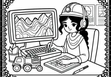 Geologin erstellt geologische Karte am Computer – Ausmalbild gratis
