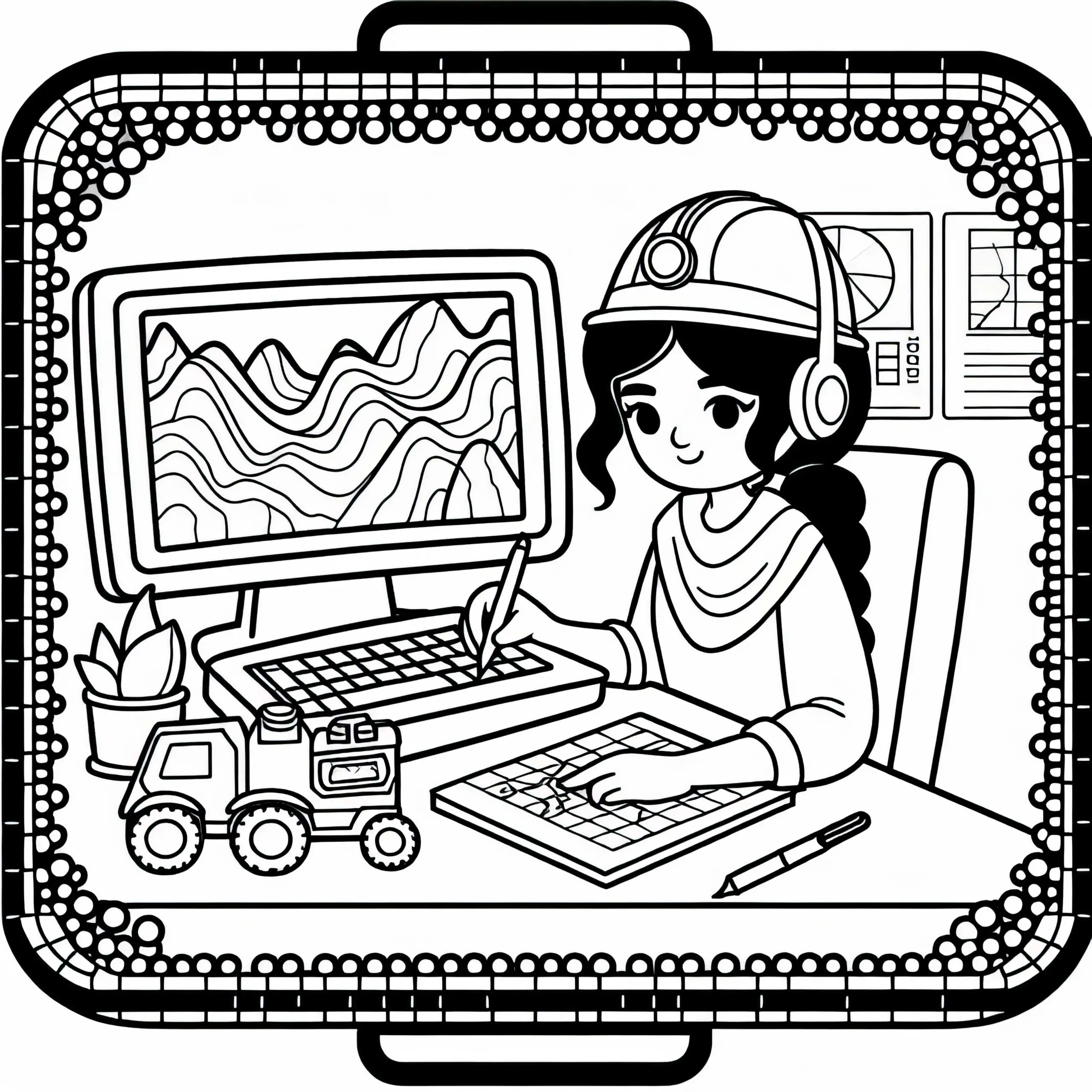 Geologin erstellt geologische Karte am Computer – Ausmalbild gratis