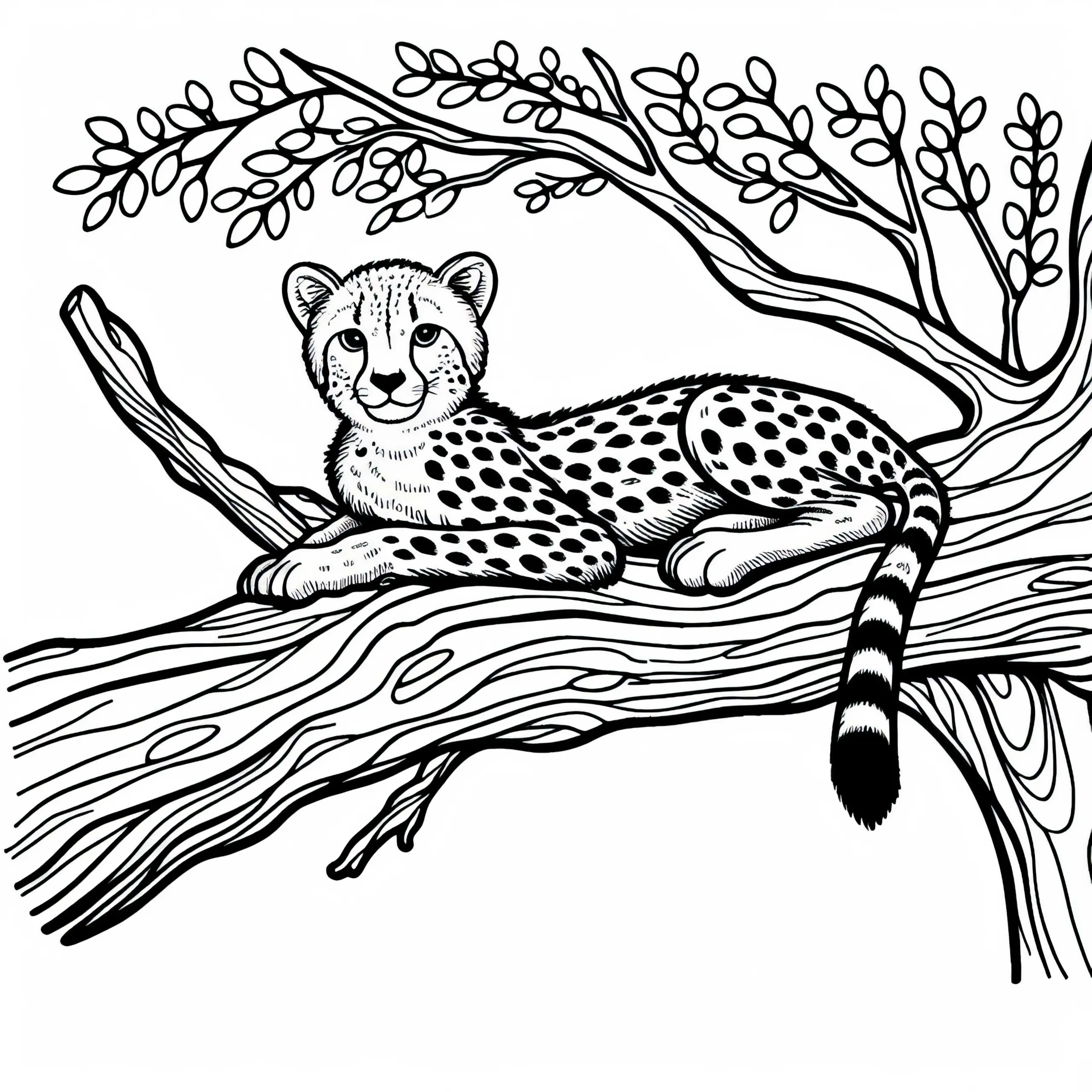 Gepard auf dem Ast eines Baumes: Einfaches Ausmalbild (Gratis)