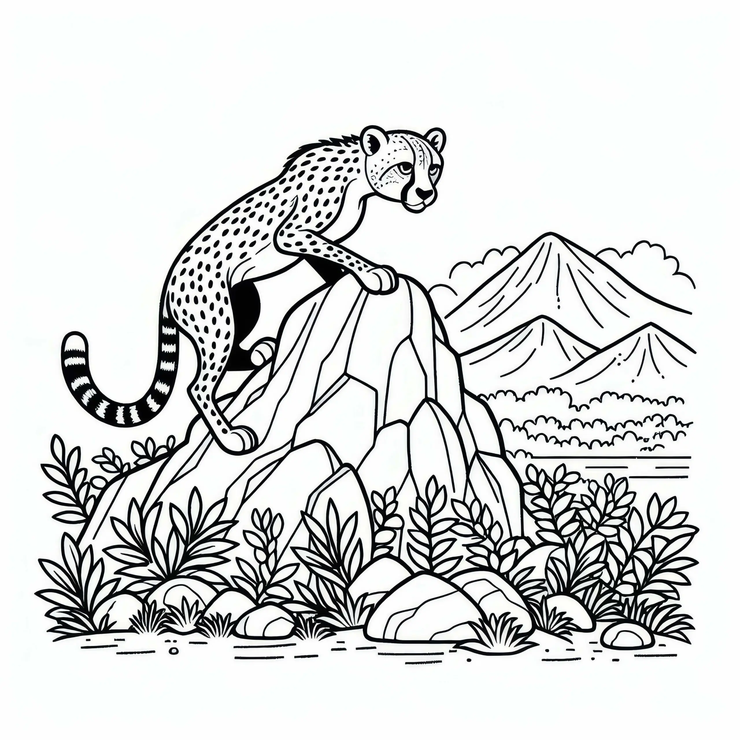 Gepard auf einem Felsen: Einfaches Ausmalbild (Gratis)