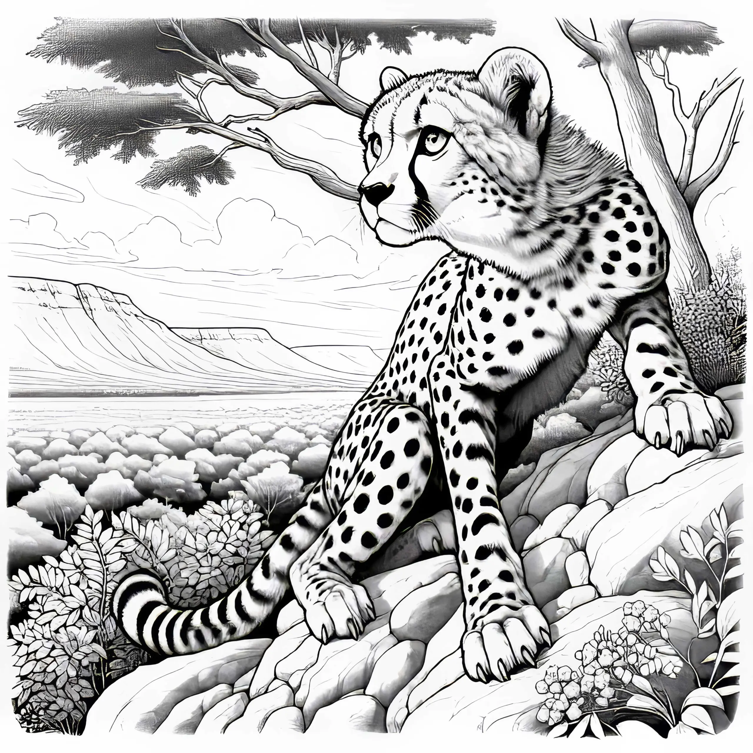 Gepard auf Felsen mit Blick in die Ferne: Detailreiche Malvorlage (Kostenlos) (Ausmalbild)