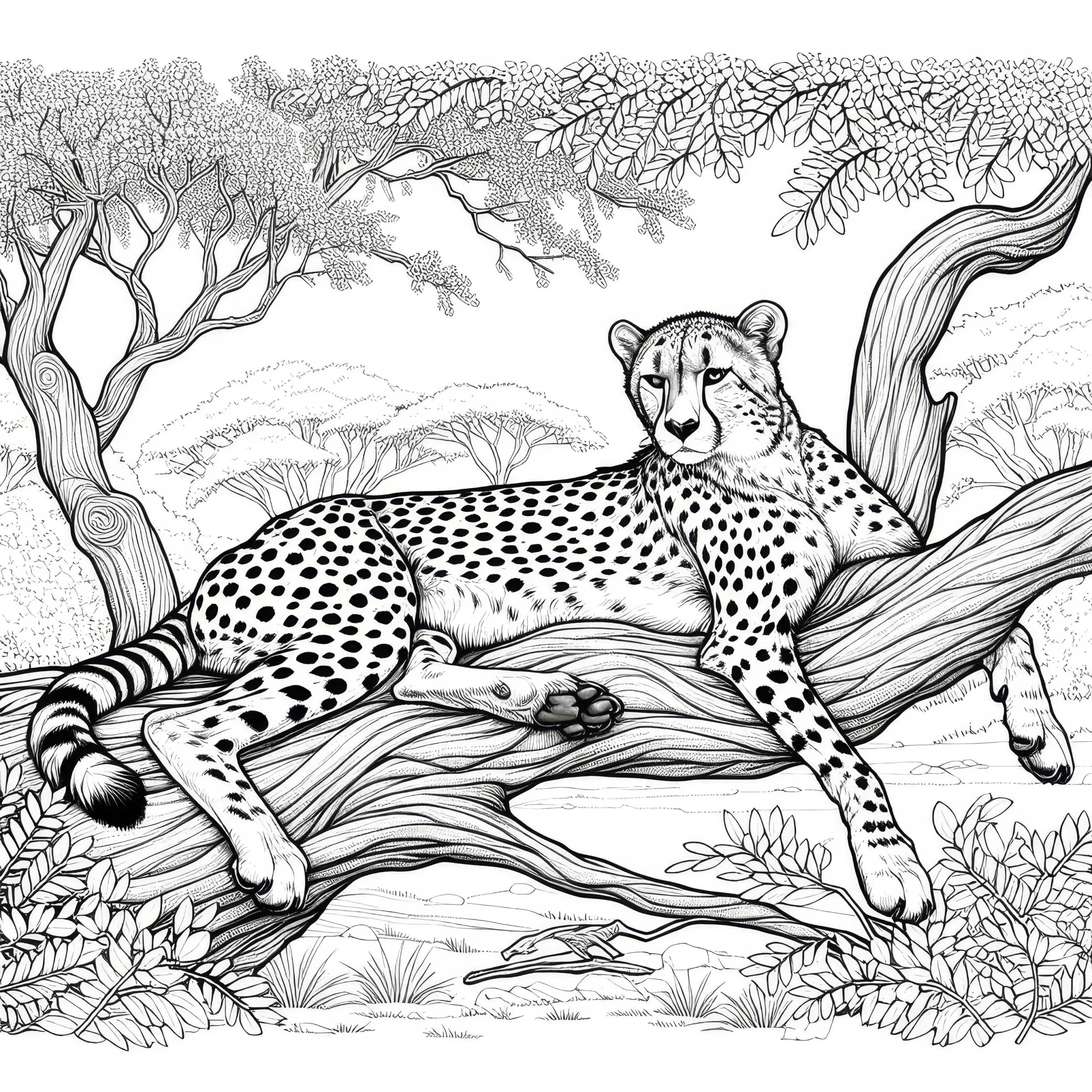 Gepard liegt auf Ast: Kostenloses Ausmalbild
