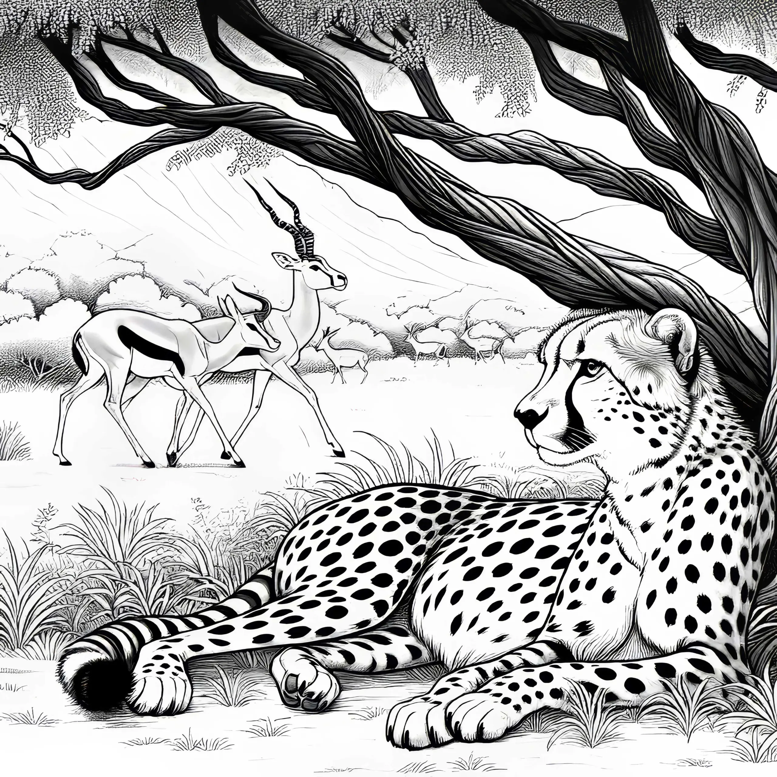 Gepard im Schatten unter Baum: Kostenlose Malvorlage (Ausmalbild)
