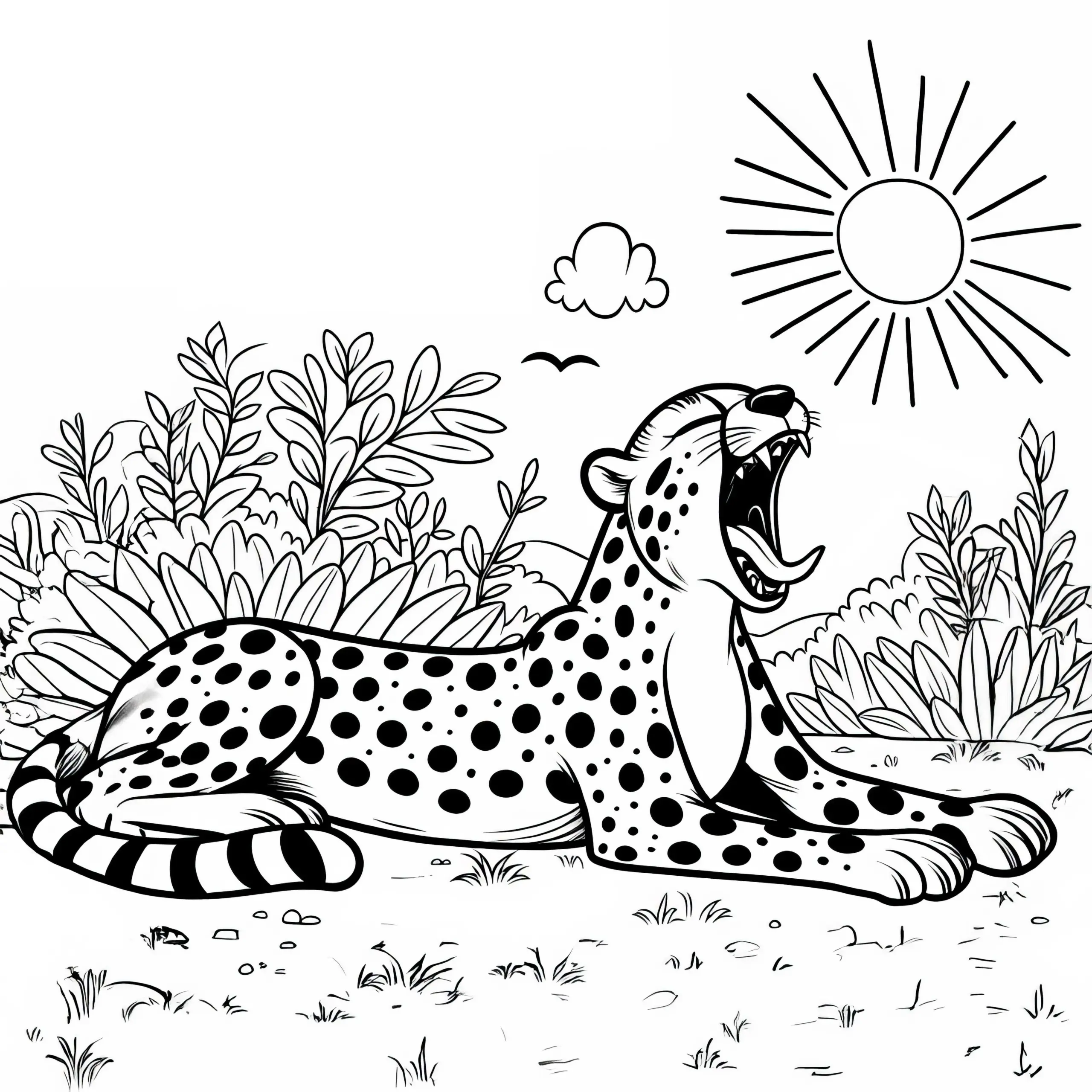 Gepard in der Sonne: Ausmalbild zum Download (Kostenlos)