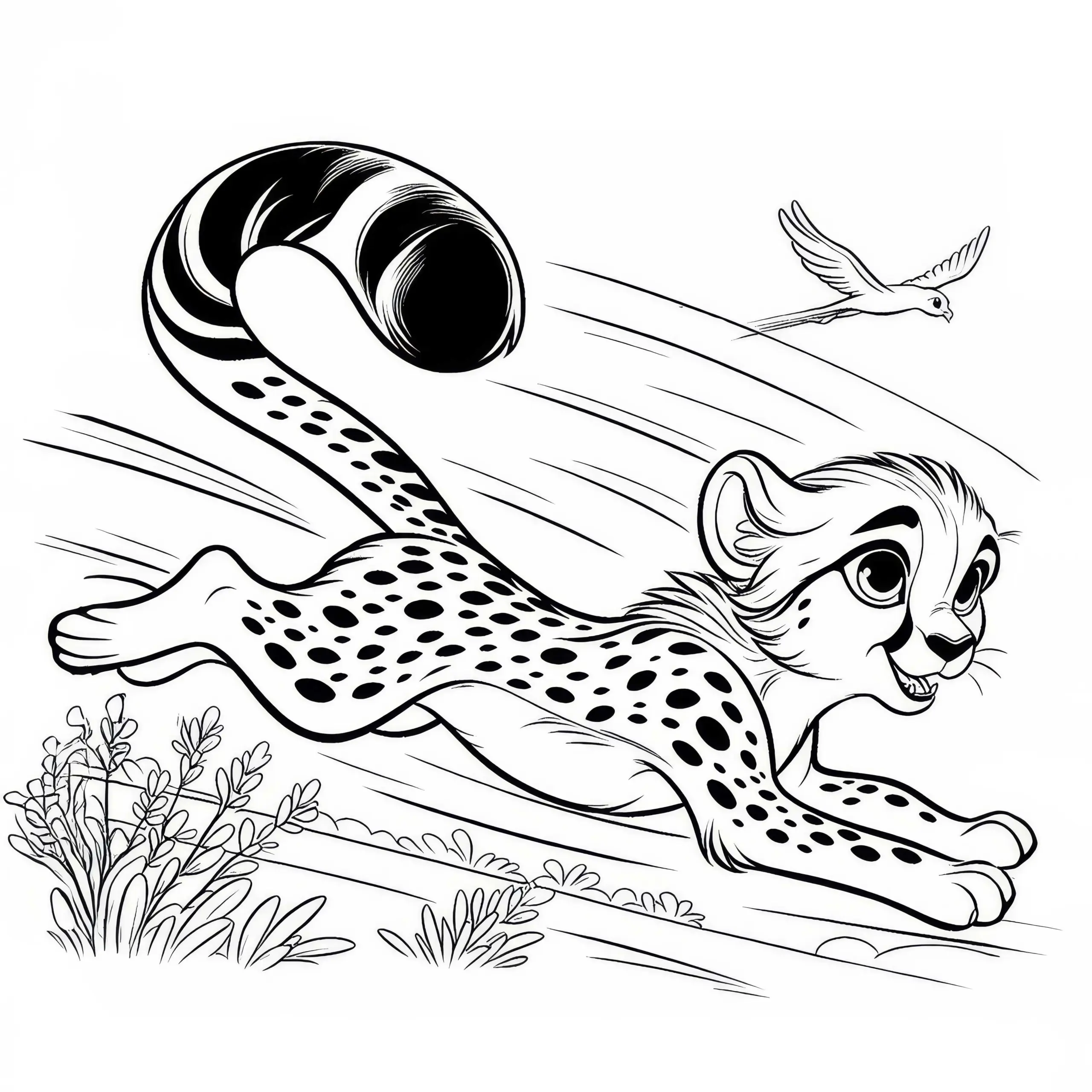 Gepard im Sprint mit Vogel: Einfache Malvorlage (Kostenlos) (Ausmalbild)
