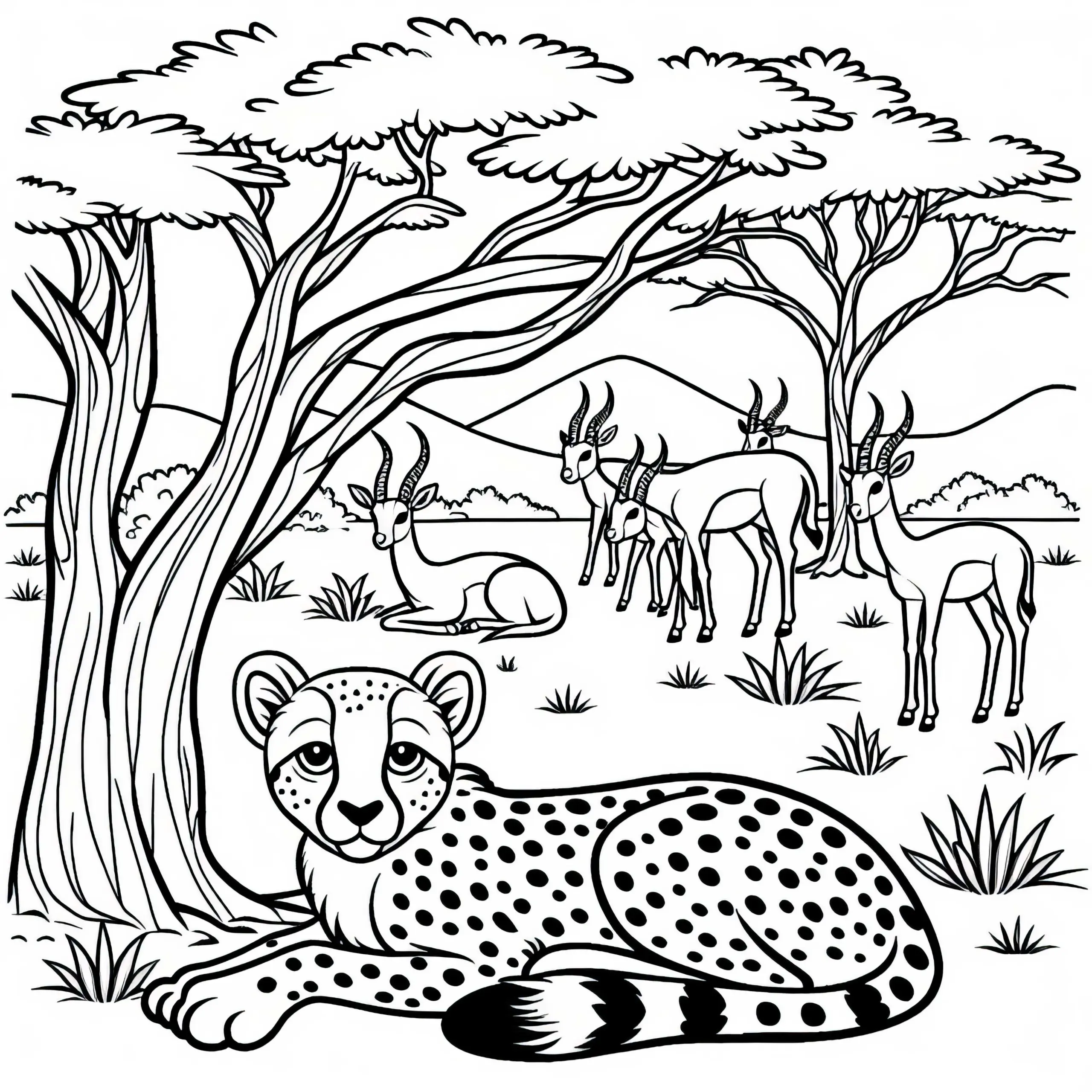 Gepard unter einem Baum mit Antilopen: Malvorlage zum Herunterladen (Kostenlos) (Ausmalbild)