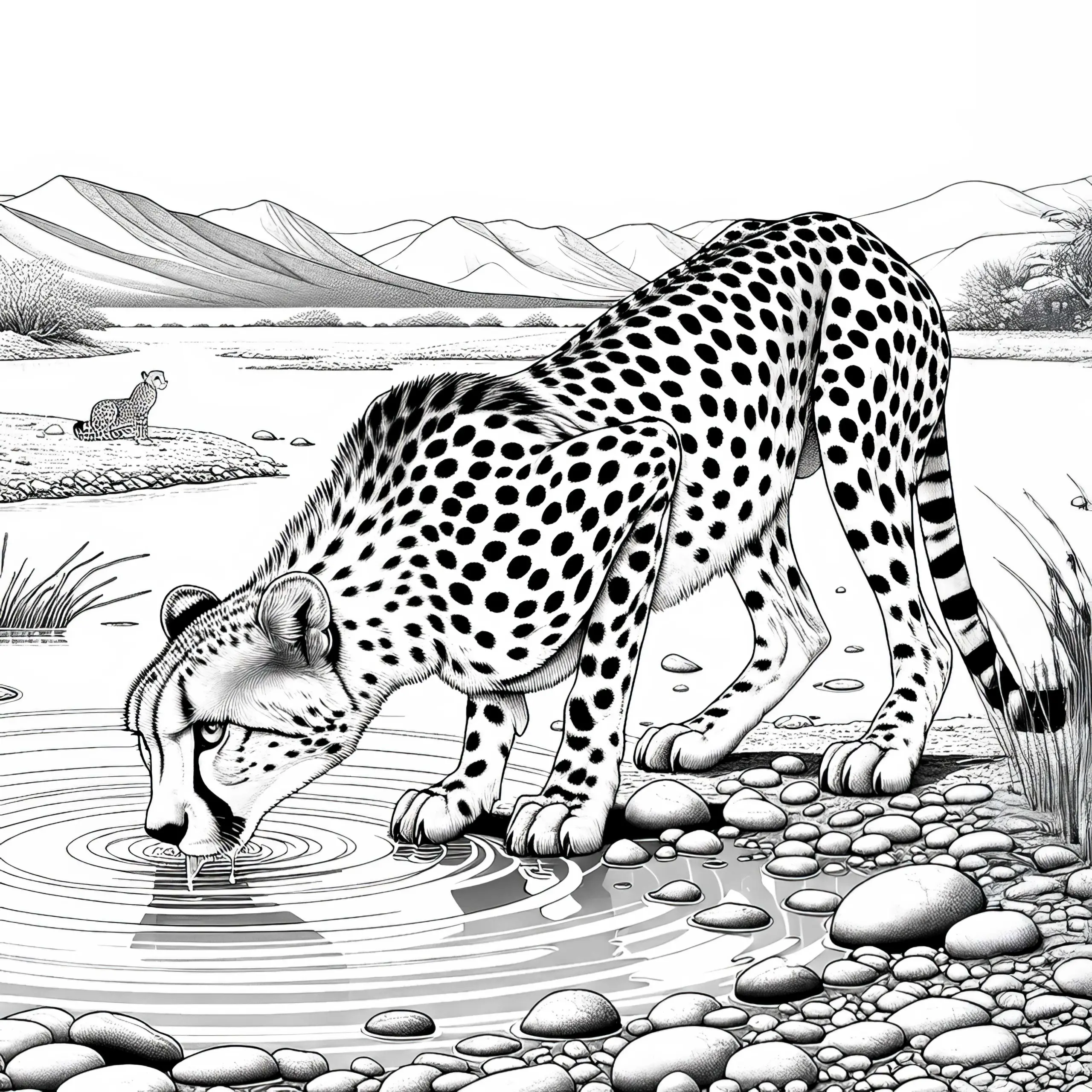 Gepard am Wasserloch in der Wüste: Kostenlose Malvorlage (Ausmalbild)