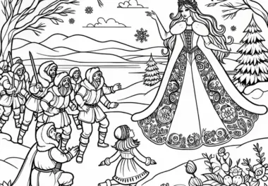 Gerda begegnet Räuberbande – Ausmalbild Die Schneekönigin kostenlos