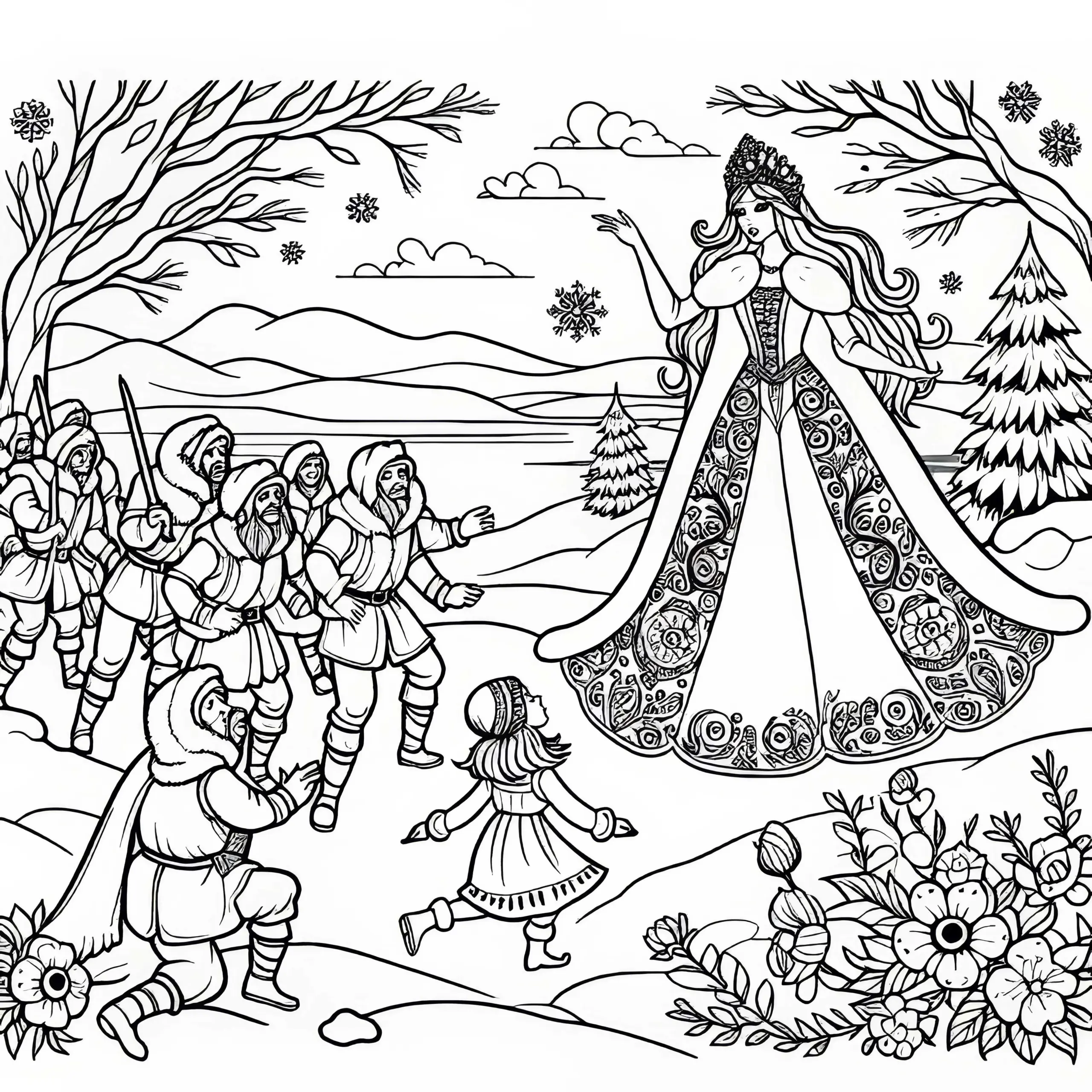 Gerda begegnet Räuberbande – Ausmalbild Die Schneekönigin kostenlos