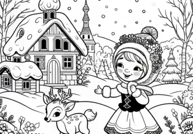 Gerda kehrt glücklich nach Hause zurück – Ausmalbild Schneekönigin kostenlos