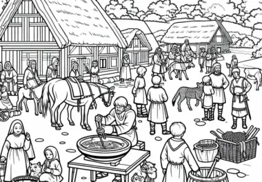 Germanischer Dorfplatz mit Kindern, Tieren und Vorräten – Malvorlage Germanen kostenlos