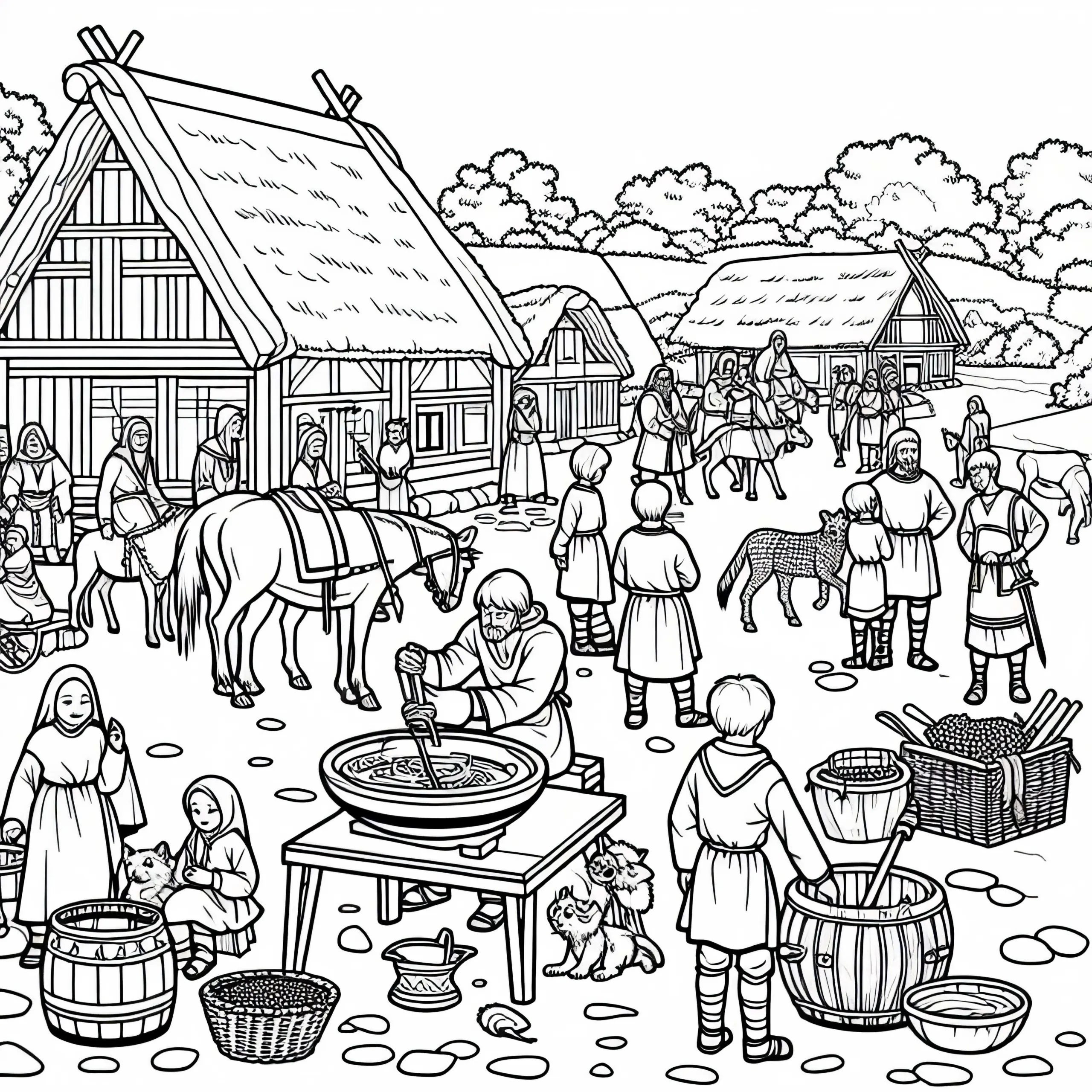 Germanischer Dorfplatz mit Kindern, Tieren und Vorräten – Malvorlage Germanen kostenlos (Ausmalbild)
