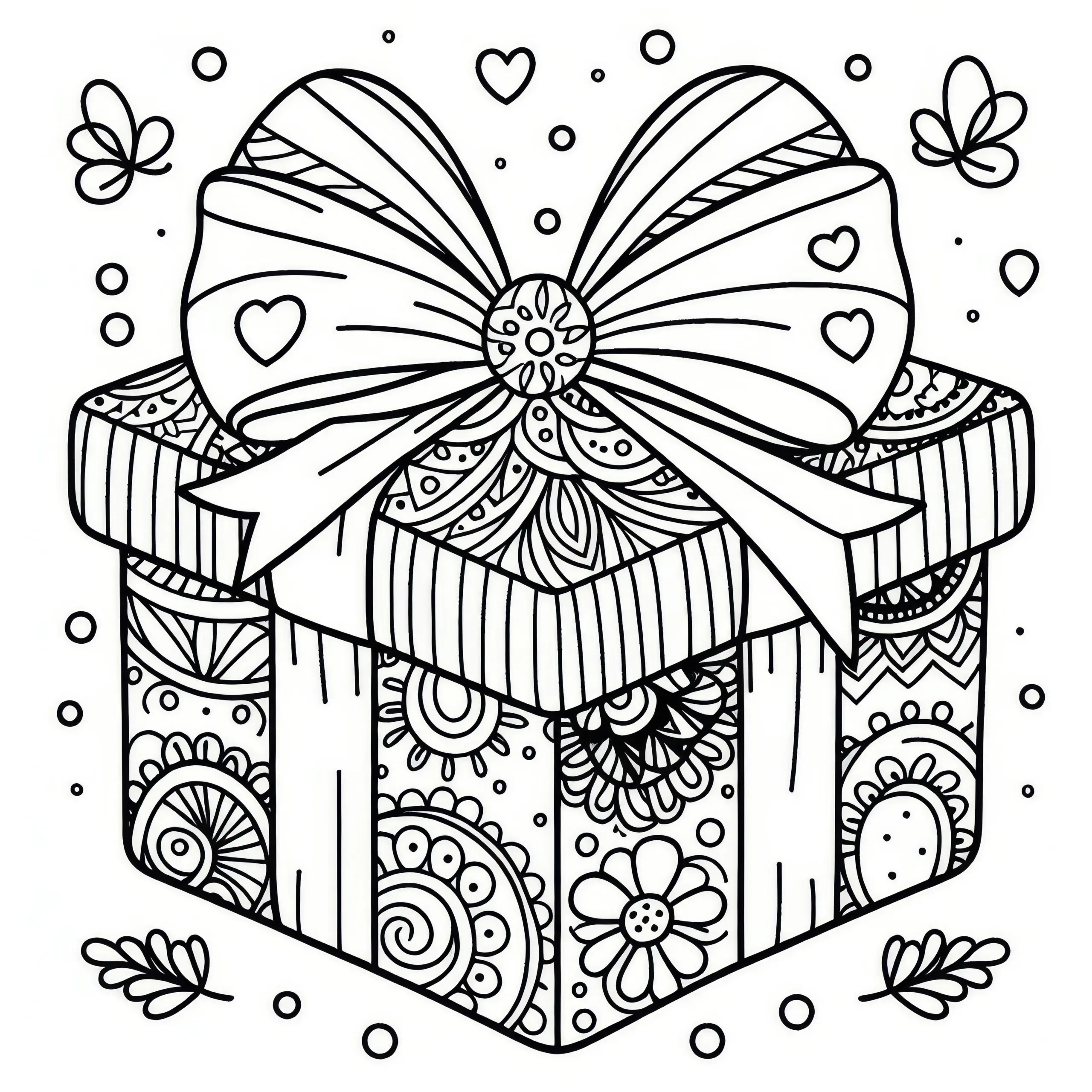 Geschenkbox mit Schleife verziert: Malvorlage zum Frauentag (Kostenlos) (Ausmalbild)