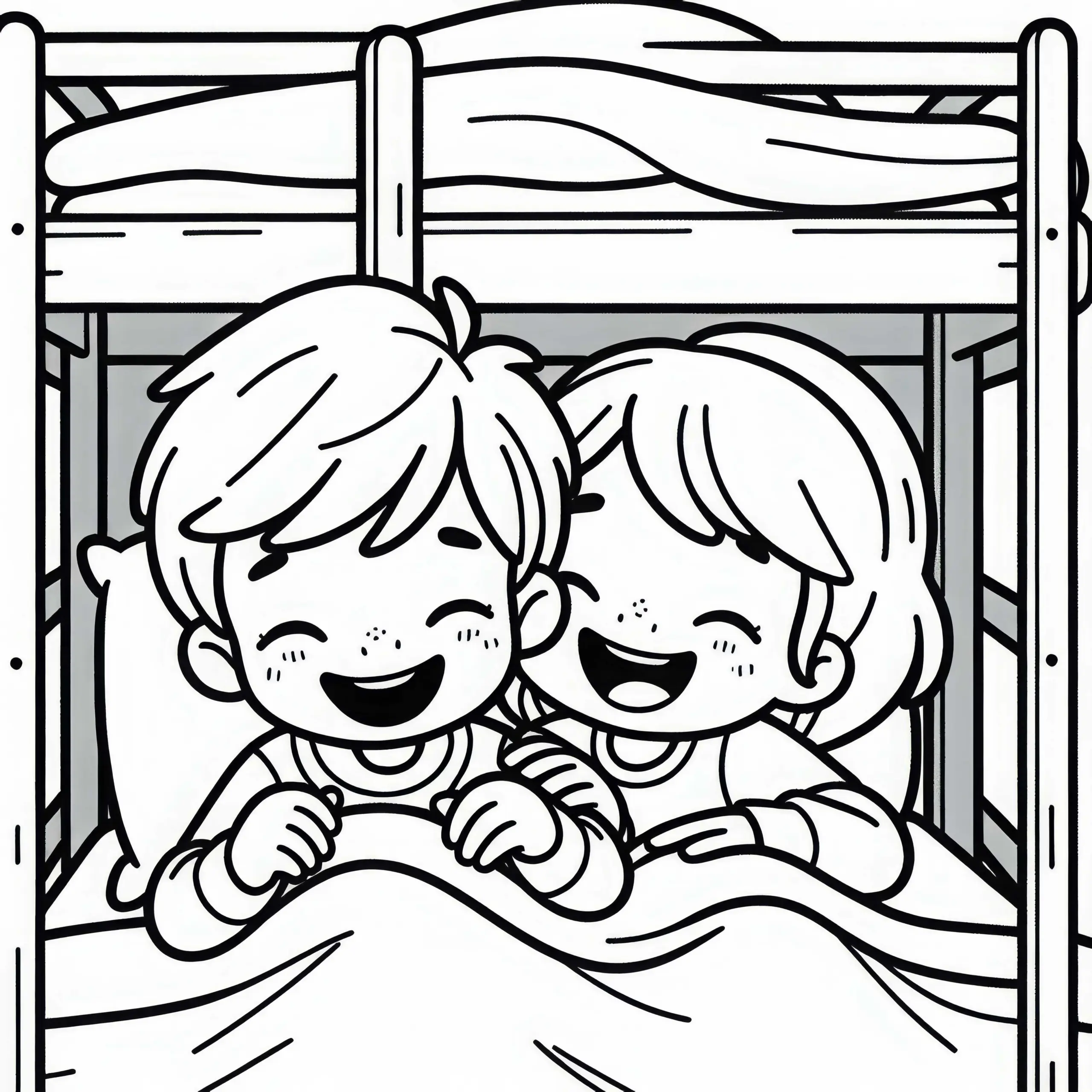 Geschwister lachen gemeinsam im Etagenbett – Ausmalbild kostenlos
