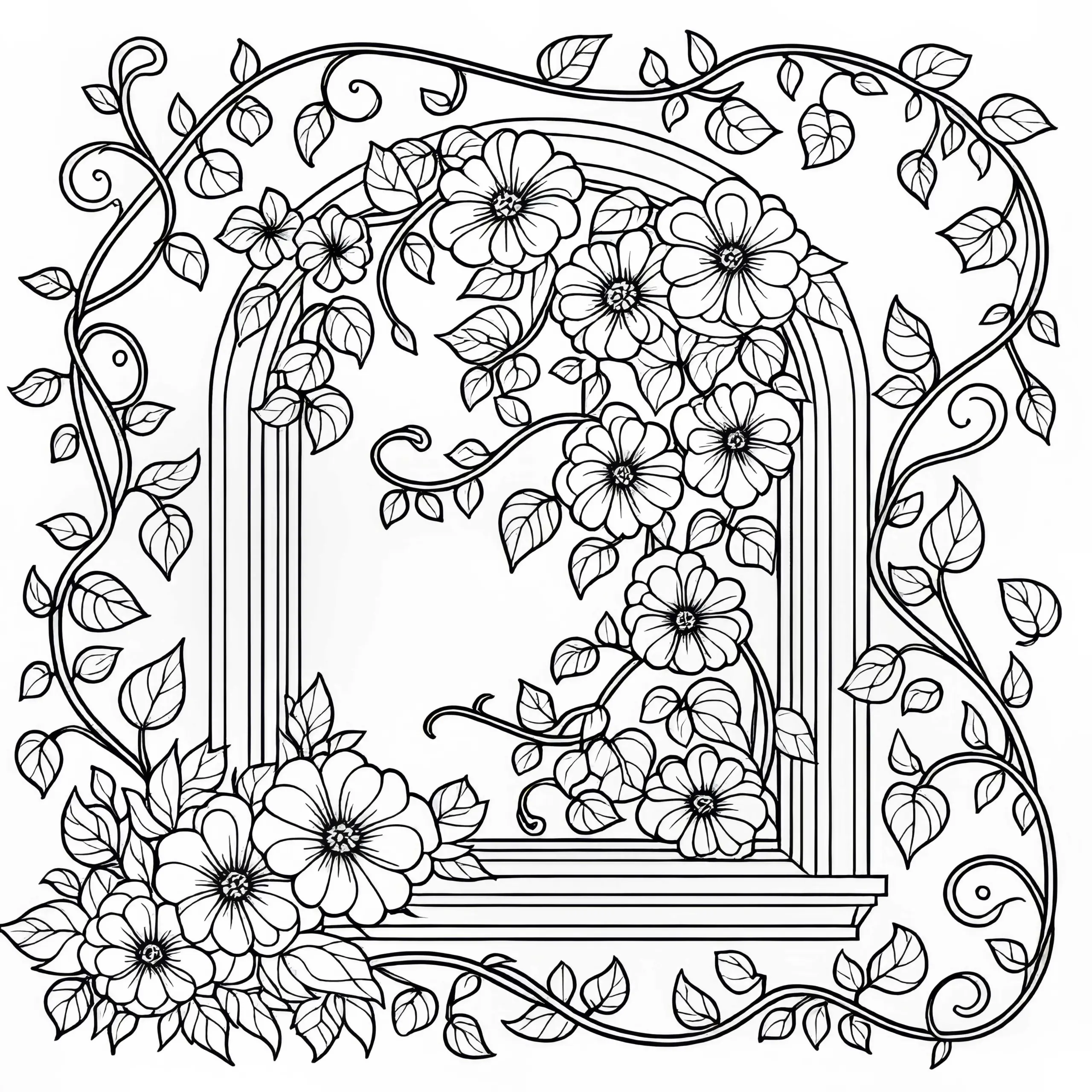 Geschwungene Blumenranke umrahmt Fenster Malvorlage kostenlos (Ausmalbild)
