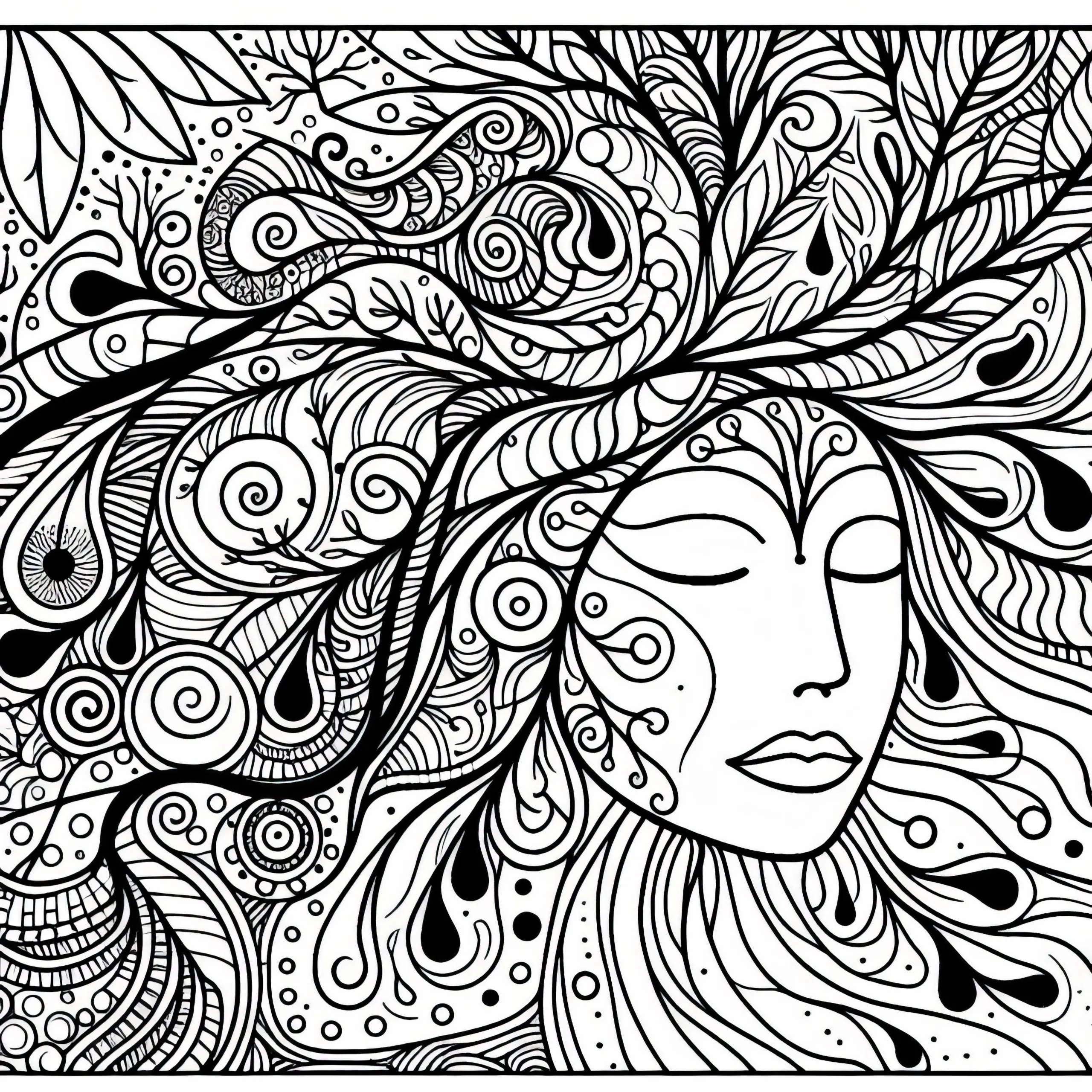 Gesicht mit Natur-Elementen im Stil von Friedensreich Hundertwasser: Malvorlage (Kostenlos) (Ausmalbild)