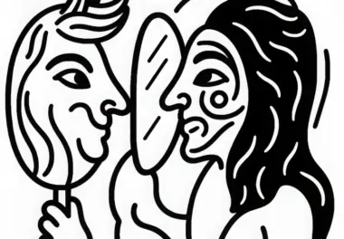 Gestaltwandler verändert sein Gesicht im Spiegel in neue Form – Malvorlage kostenlos