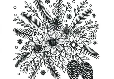 Gesteck aus Winterblumen und Zapfen – Malvorlage gratis