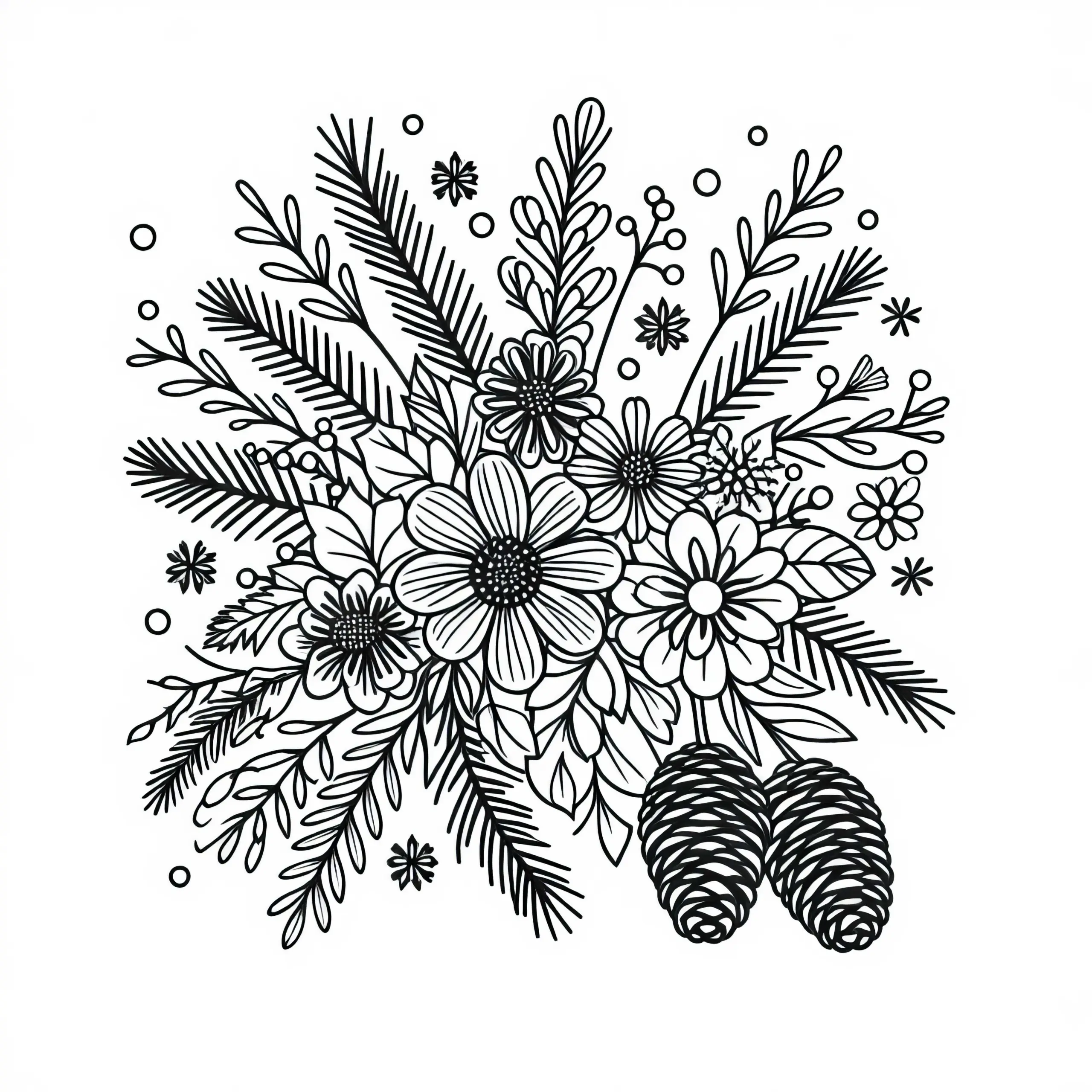 Gesteck aus Winterblumen und Zapfen – Malvorlage gratis (Ausmalbild)