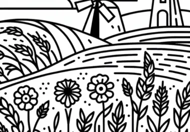 Ausmalbild eines Getreidefeldes mit Mühle im Hintergrund