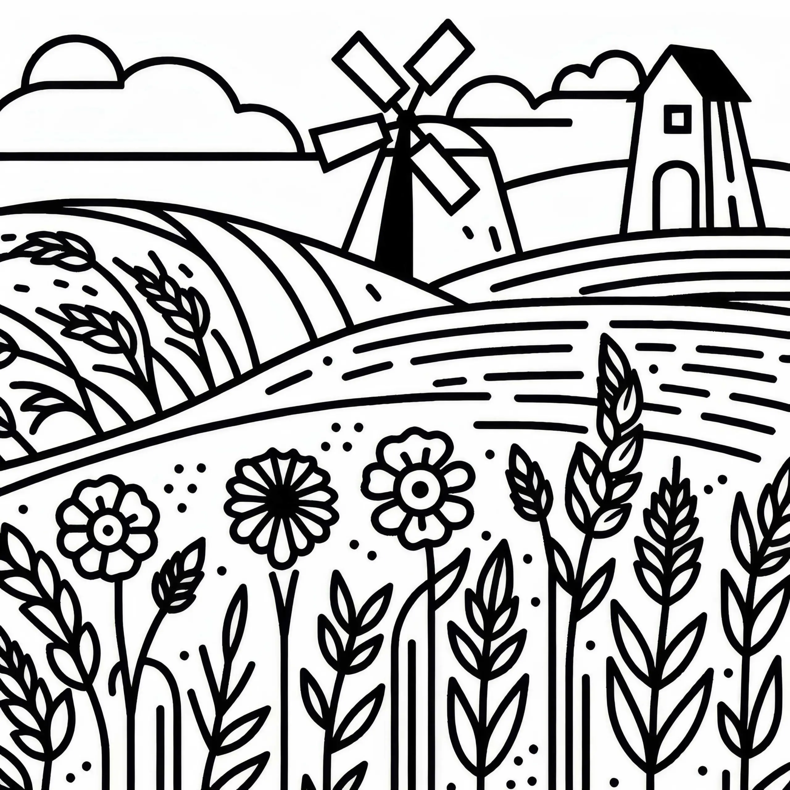 Ausmalbild eines Getreidefeldes mit Mühle im Hintergrund