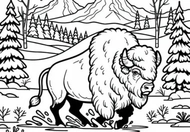 Gewaltiger Bison stampft durch Schneelandschaft – Malvorlage zum Ausmalen