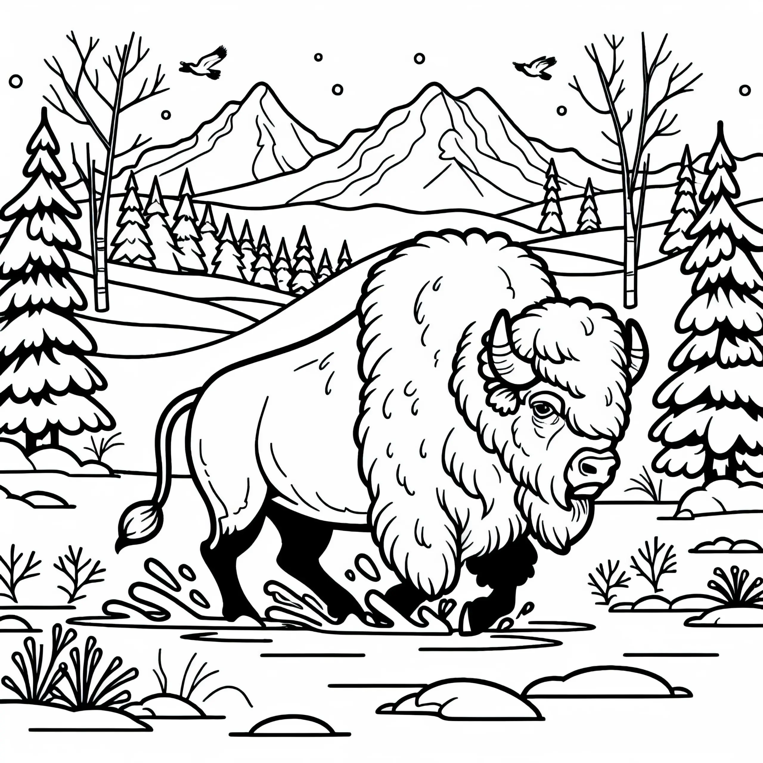 Gewaltiger Bison stampft durch Schneelandschaft – Malvorlage zum Ausmalen (Ausmalbild)