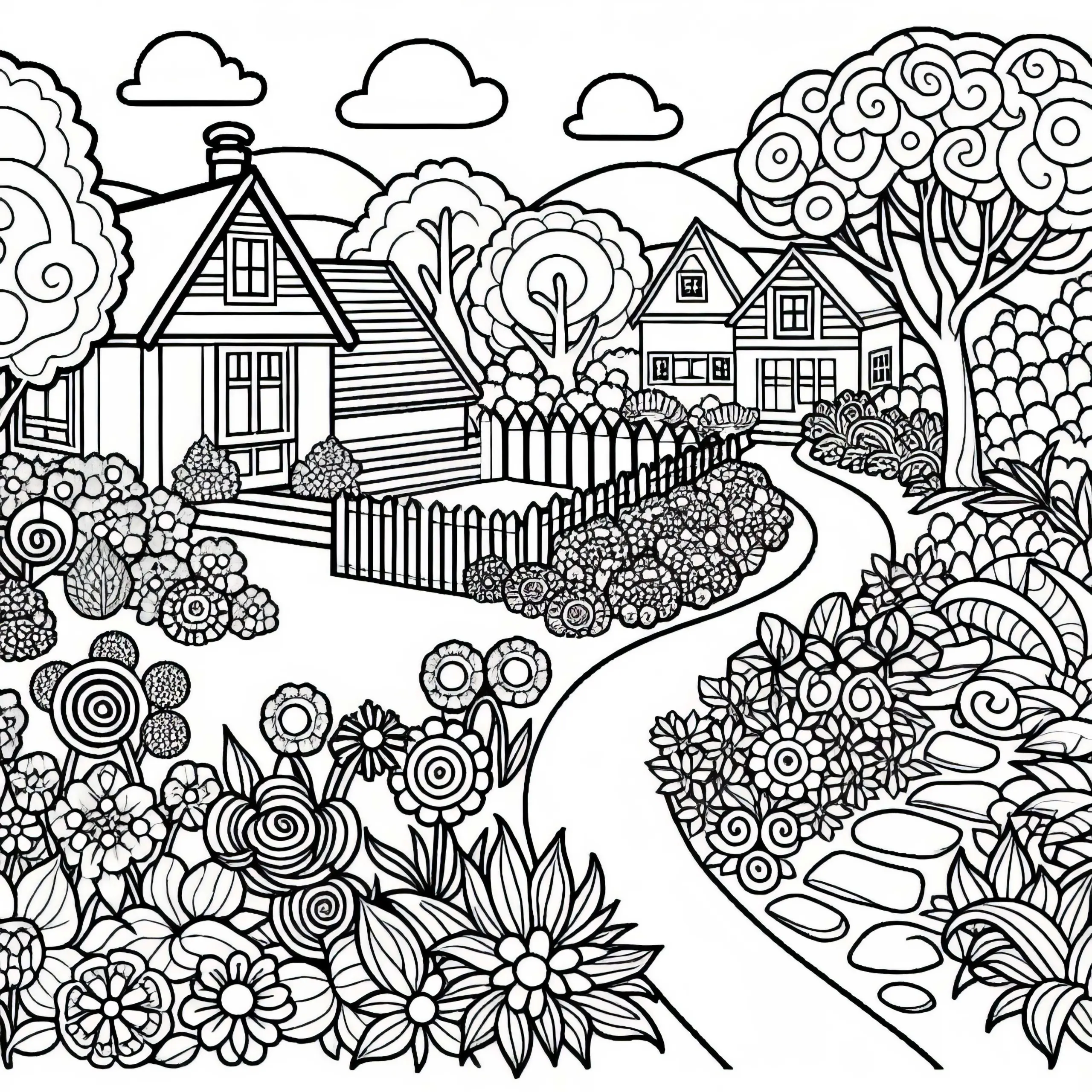 Gewundene Gartenwege mit Blumenbeeten – Malvorlage Gratis (Ausmalbild)