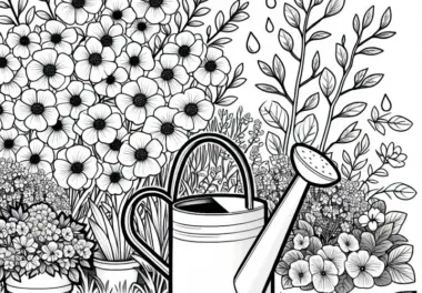 Giesskanne Steht Neben Blühenden Pflanzen – Ausmalbild Gartenblumen Kostenlos Herunterladen