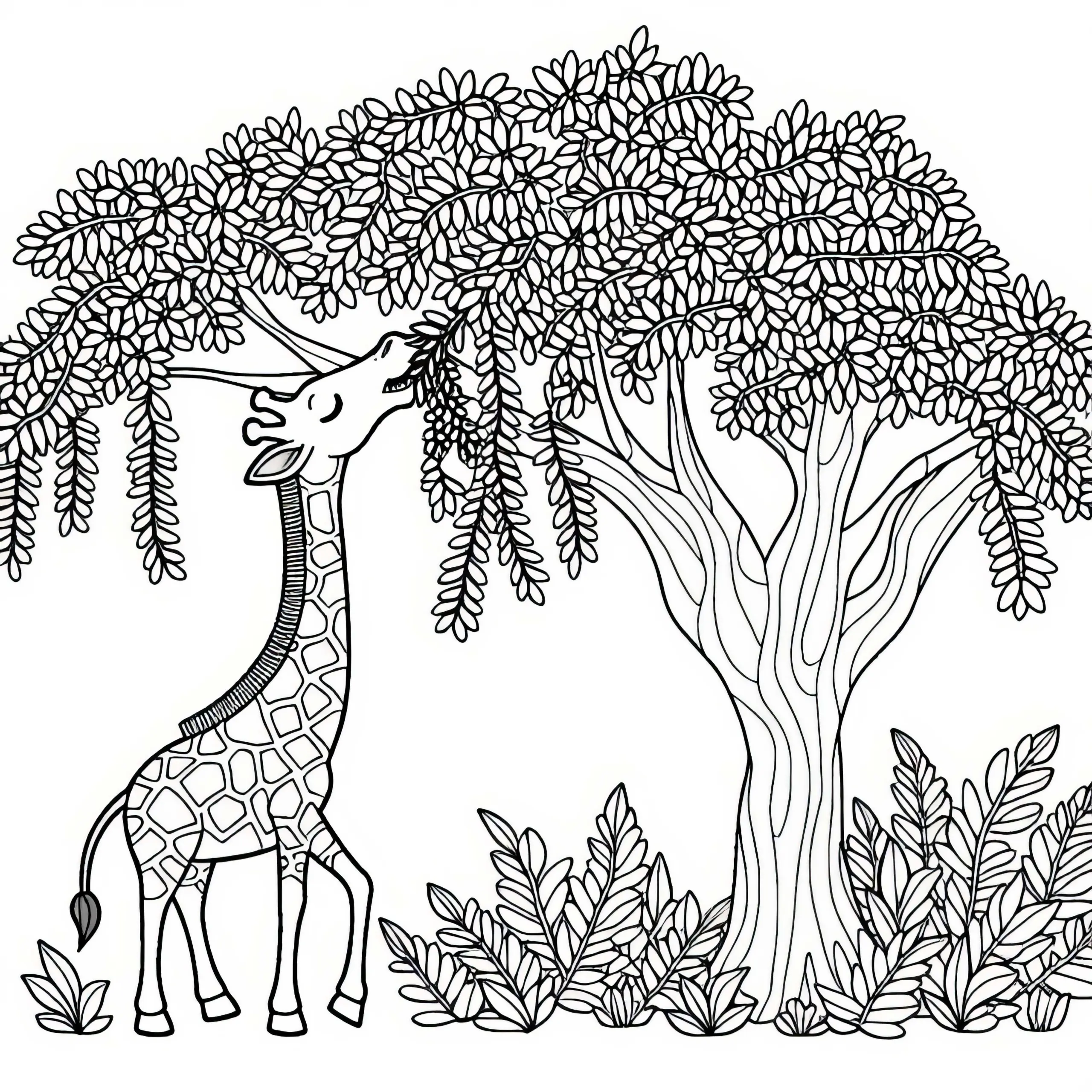 Giraffe frisst Blätter von Baum – Ausmalbild kostenlos
