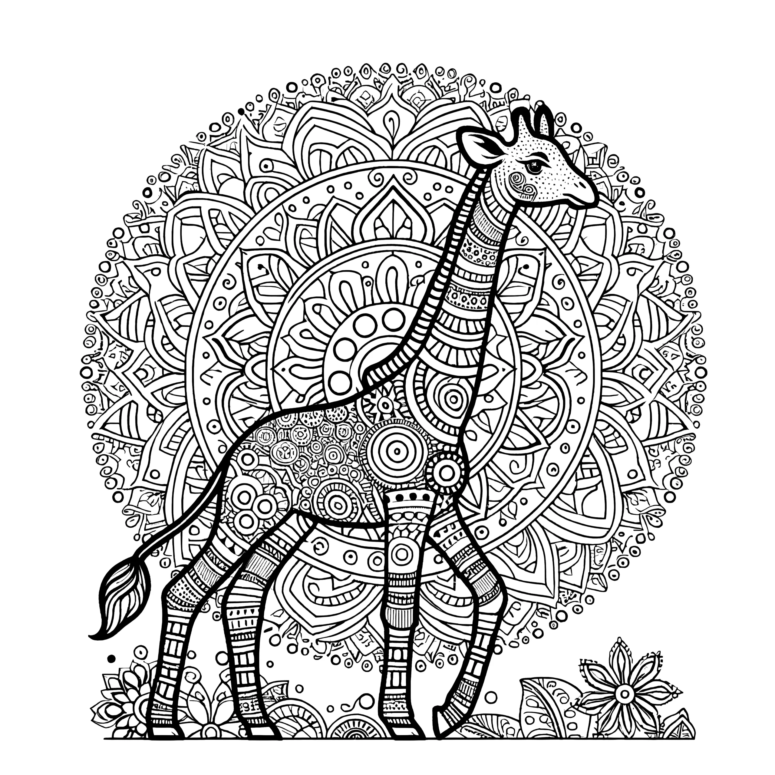 Giraffe-Mandala komplex: Gratis zum Ausmalen (Ausmalbild)