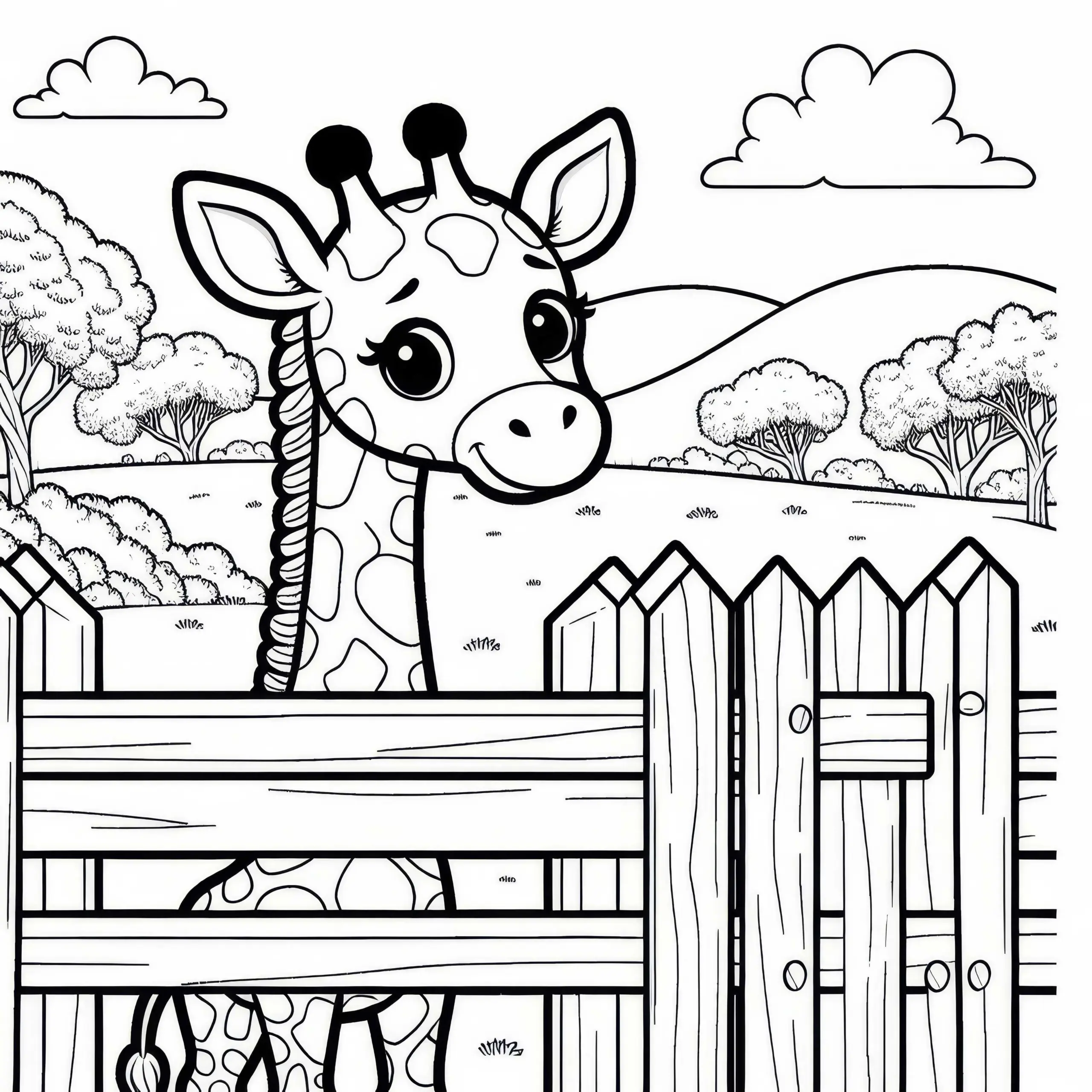 Giraffe schaut über Zaun im Zoo – kostenloses Ausmalbild