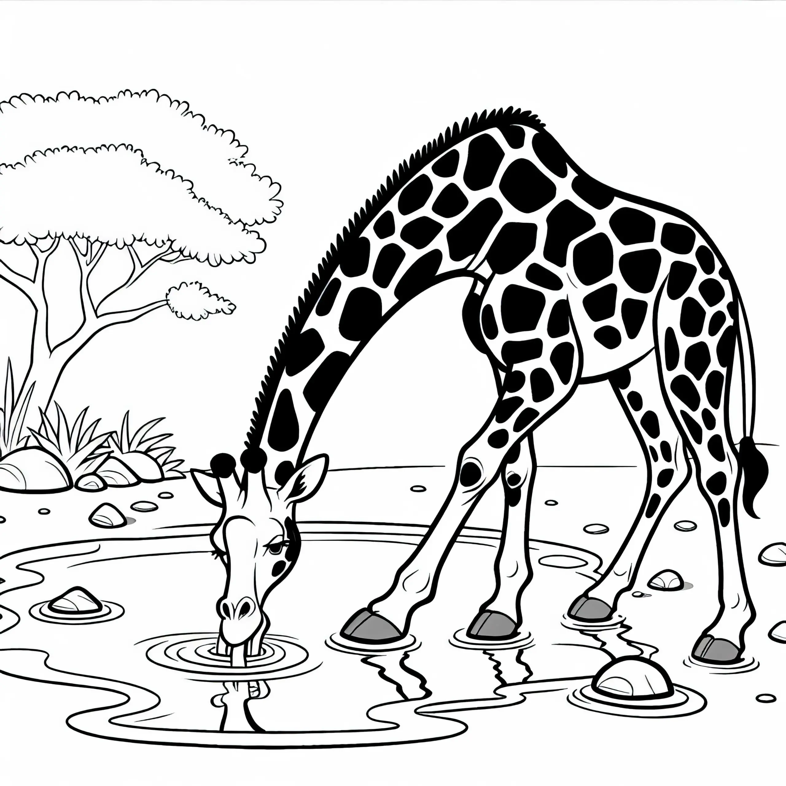 Giraffe trinkt aus Wasserstelle – Ausmalbild gratis