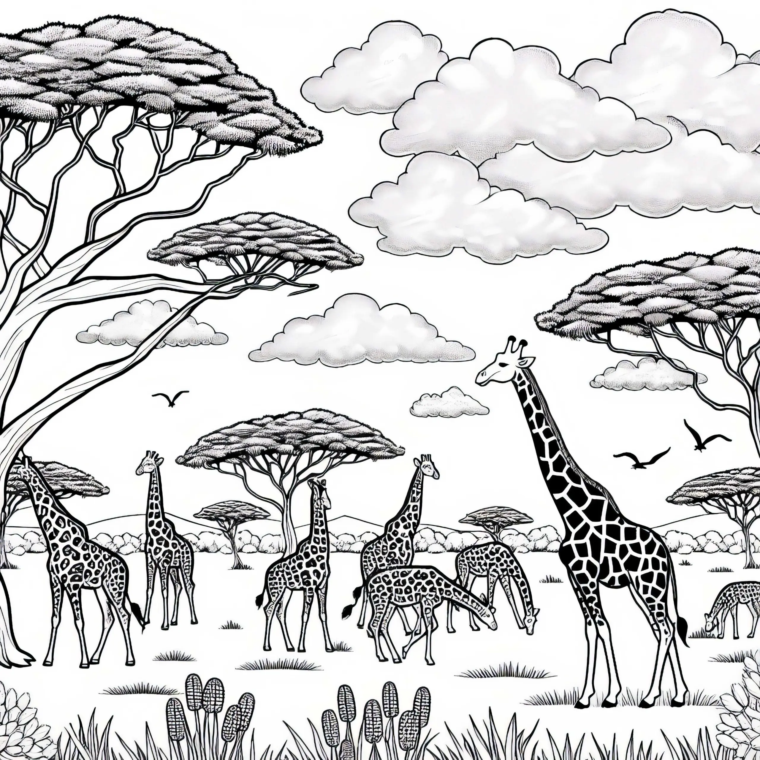 Giraffen grasen zwischen Akazienbäumen in der Savanne – Ausmalbild kostenlos