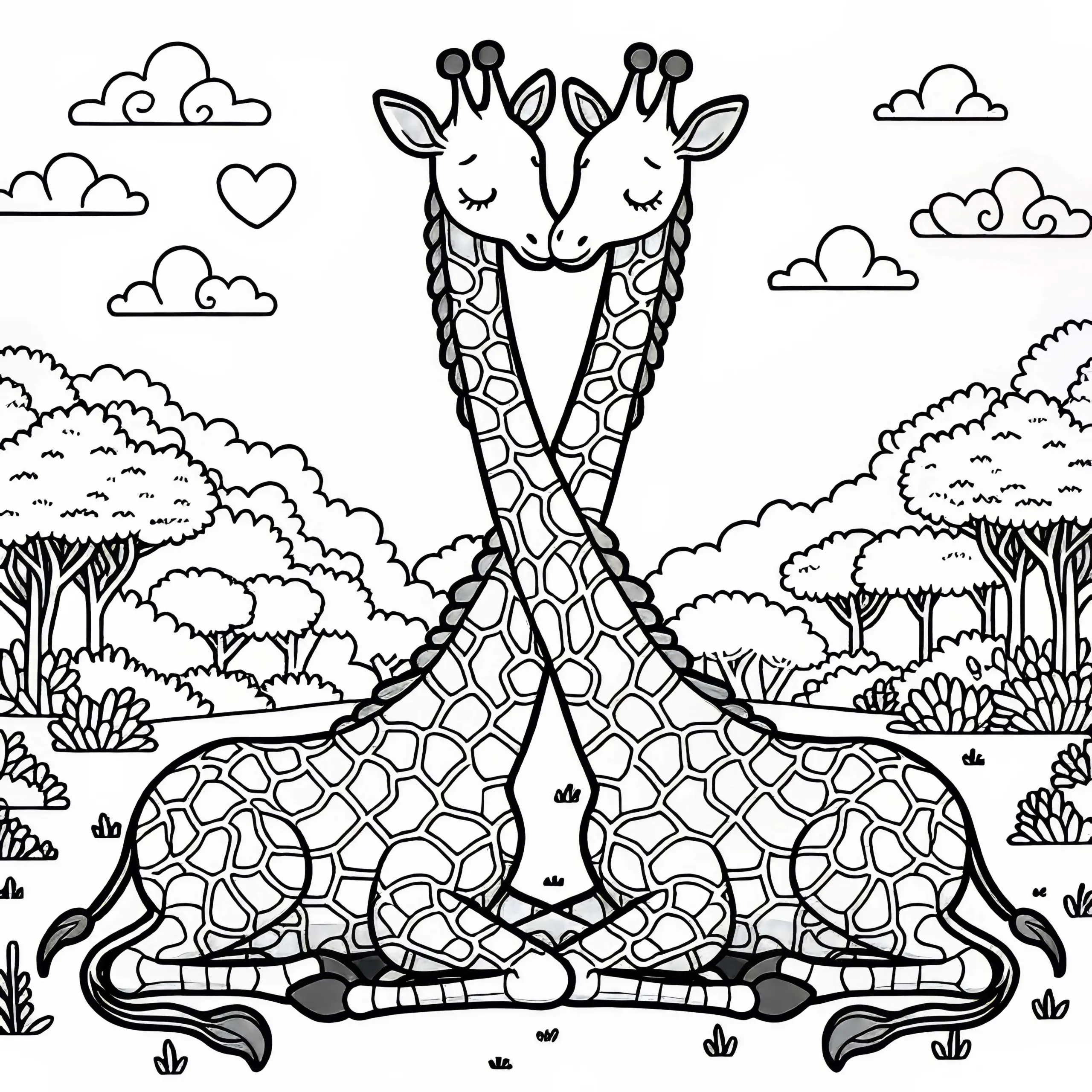 Giraffen kreuzen liebevoll ihre Hälse – Ausmalbild gratis