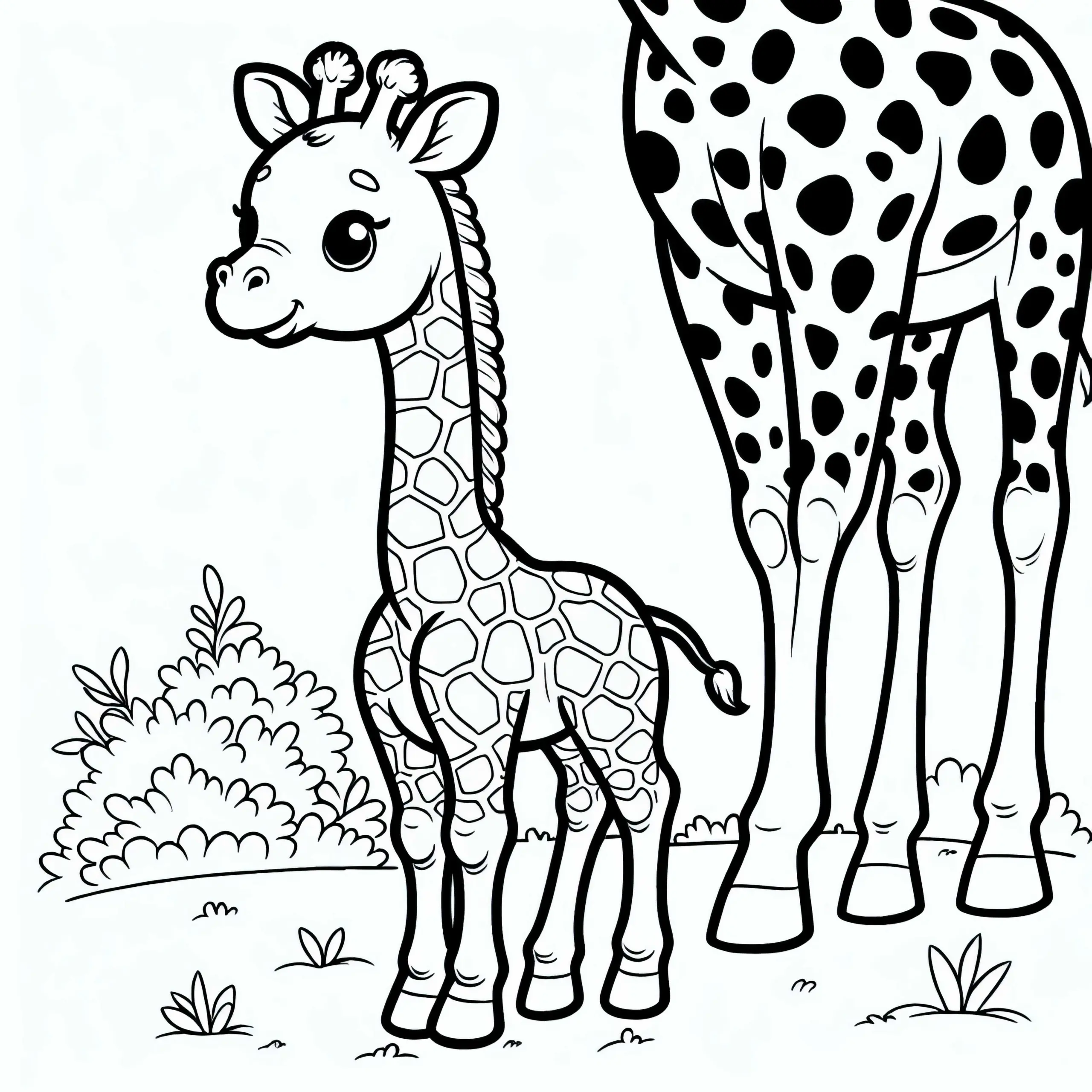 Giraffenbaby steht wackelig neben Mutter – Malvorlage gratis (Ausmalbild)