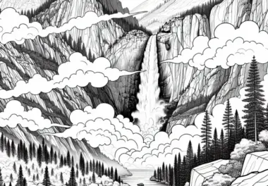Gischt steigt über den Bergwasserfall auf – Ausmalbild gratis