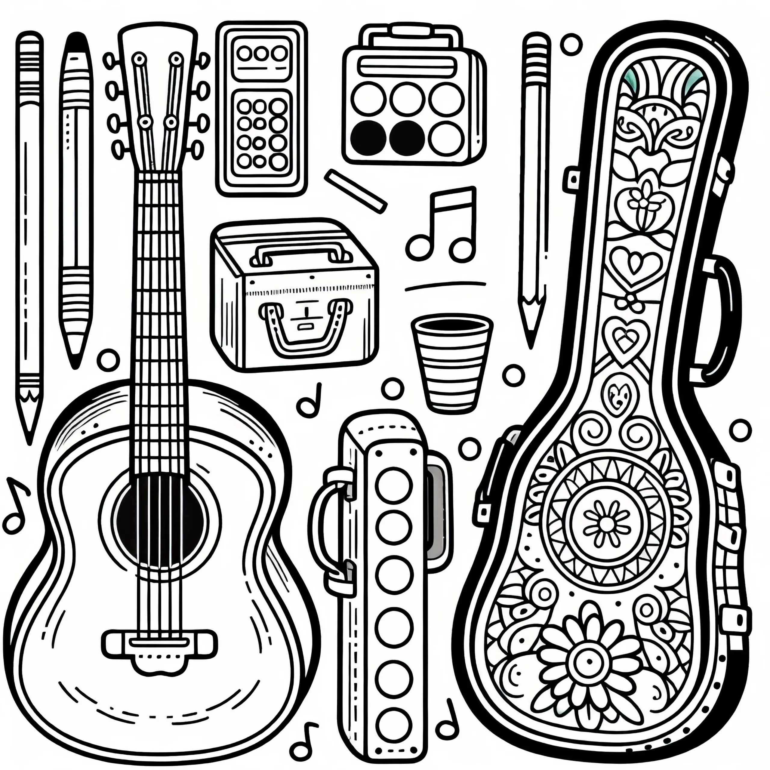 Gitarrenkoffer Malvorlage für Zubehör von Zupfinstrumenten – Kostenlos (Ausmalbild)