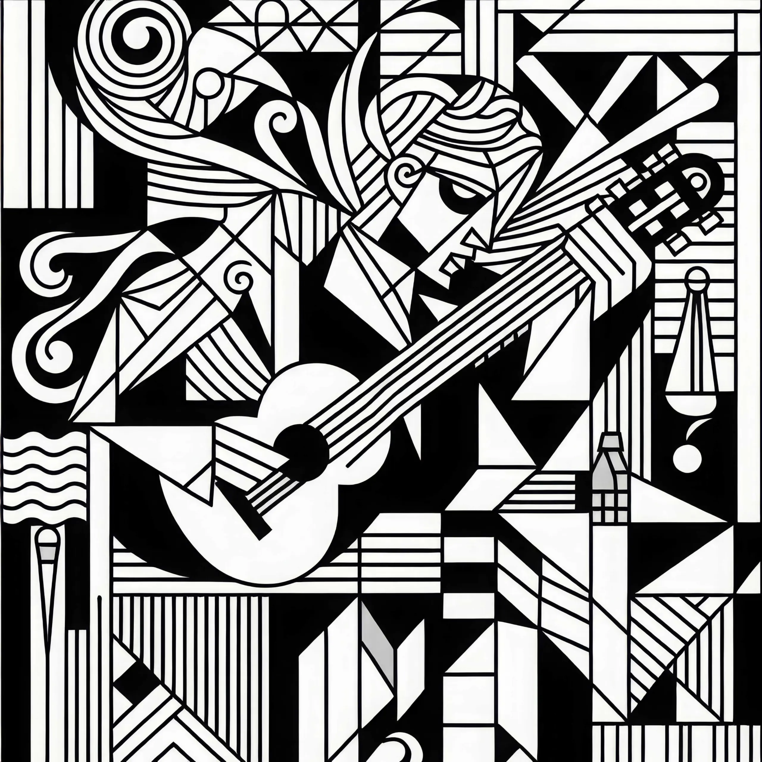 Gitarrenspieler von der blauen Periode: Malvorlage von Pablo Picasso (Gratis) (Ausmalbild)